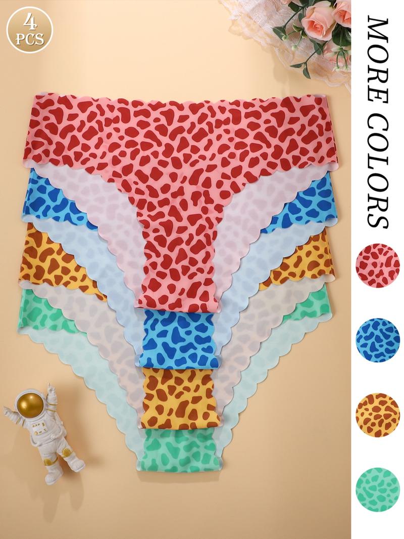 Women's Leopard & Halloween Print Underwear Set, Breathable Seamless Mid-Waist Thong Panties, Casual Fitted All-Seasons Lingerie