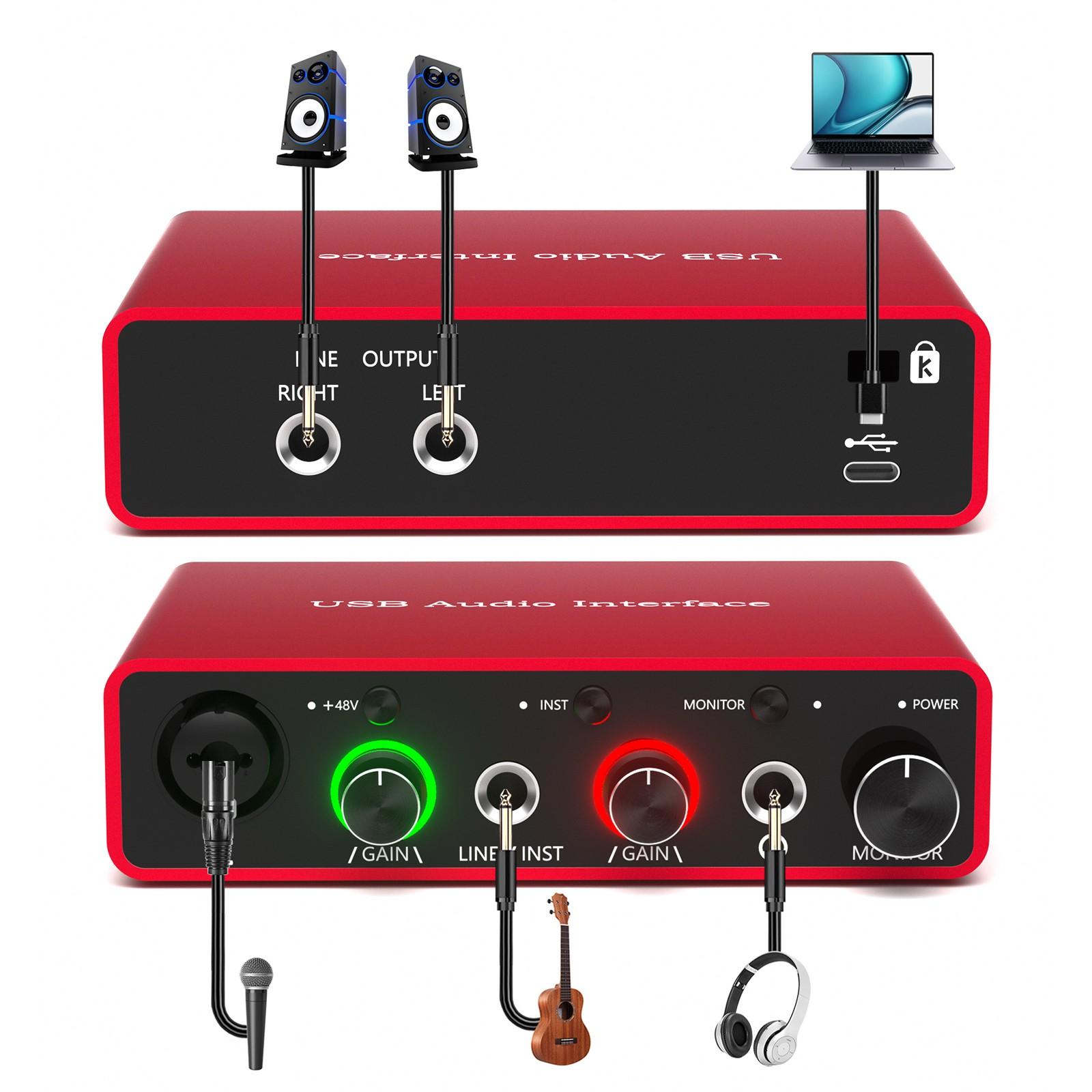 Audio Interface for PC USB Mixer Recorder, Studio Mixer, Recording, 48v Phantom Power, 24-Bit Support, Compatible with MAC Os and PC Audio Devices