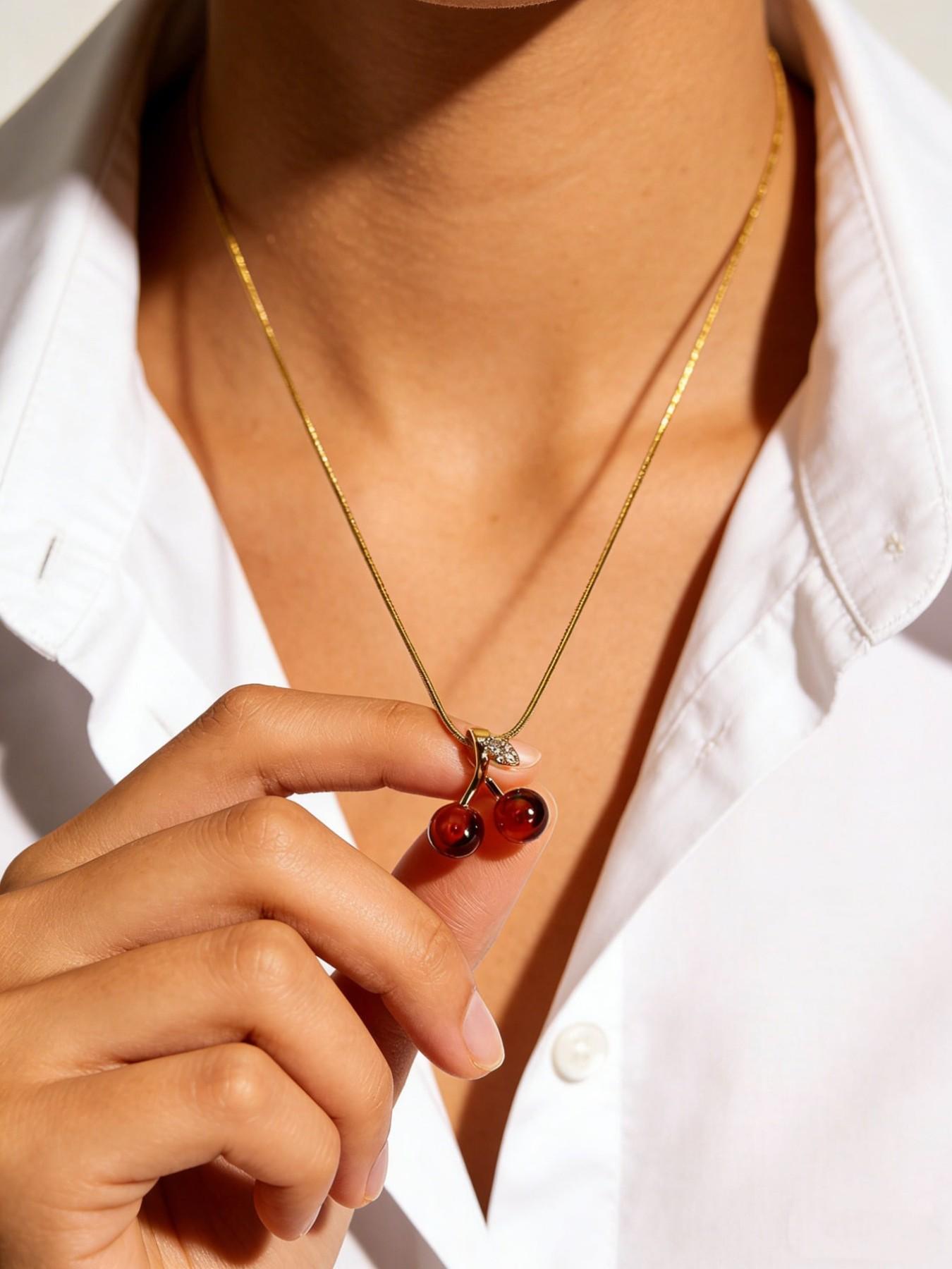 Cute Fashion Crystal Cherry Copper Pendant Stainless Steel Necklace, Valentine's Day Gift Jewelry for Women, All Seasons Wear