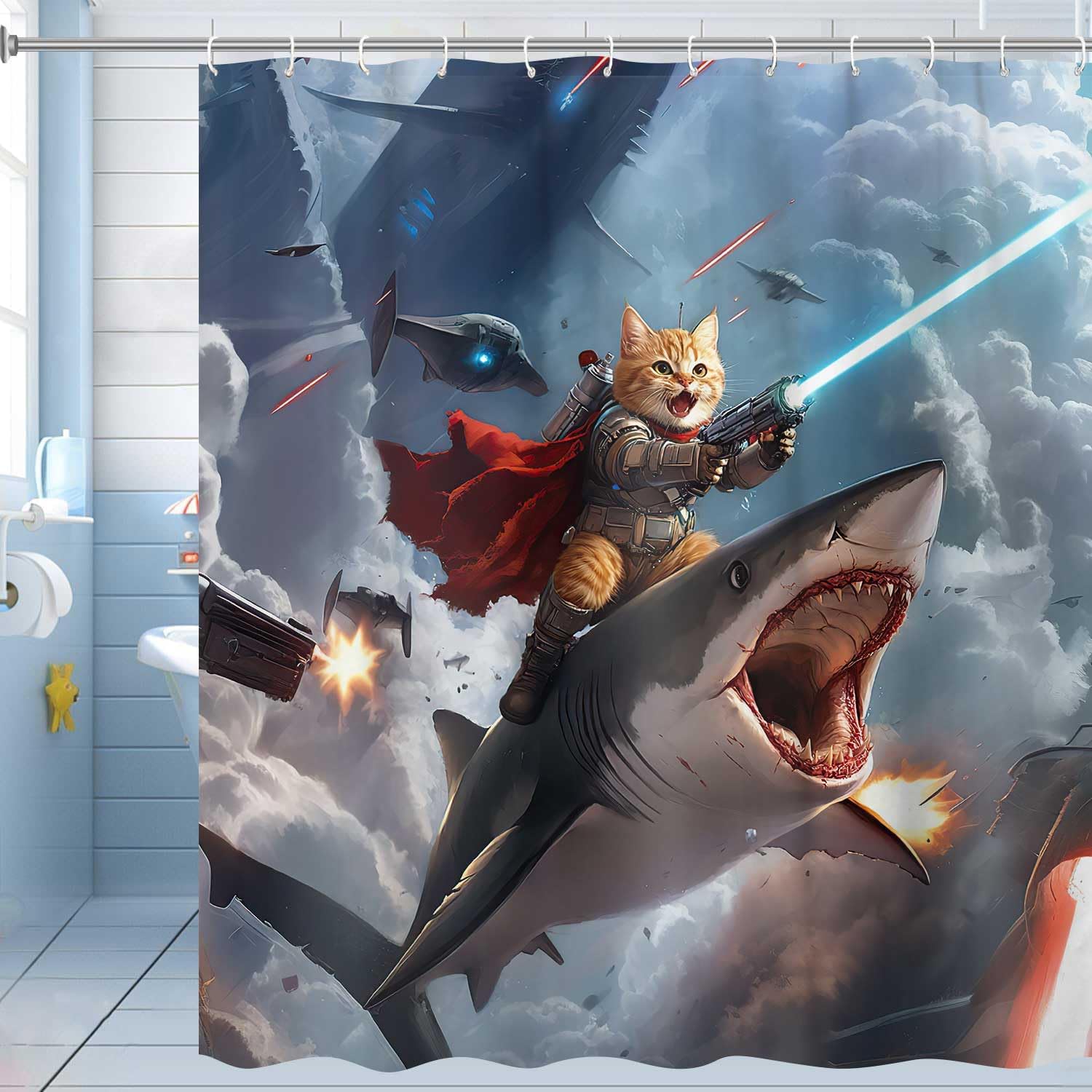 Funny Cat Knight Riding Shark in Space Battle Shower Curtain - Humorous Cat Laser Gun Galaxy Print, Waterproof Fabric Bath Curtain with 12 Hooks | Novelty Kids Bathroom Decor #showercurtain #catmeme #sharkdecor #spacecat #funnybathroom