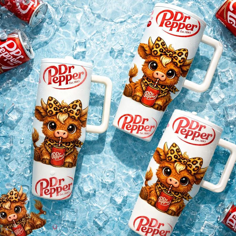 1 Pc 40oz Insulated Mug, Double Wall Vacuum Cup, Leak-Proof Skinny Thermal Mug for Hot Cold Drinks, Keeps Hot 12 Hours Cold 24 Hours, Cute Soda Highland Cattle Design Gift for Women Men, Holiday Birthday Daily Travel Office Use