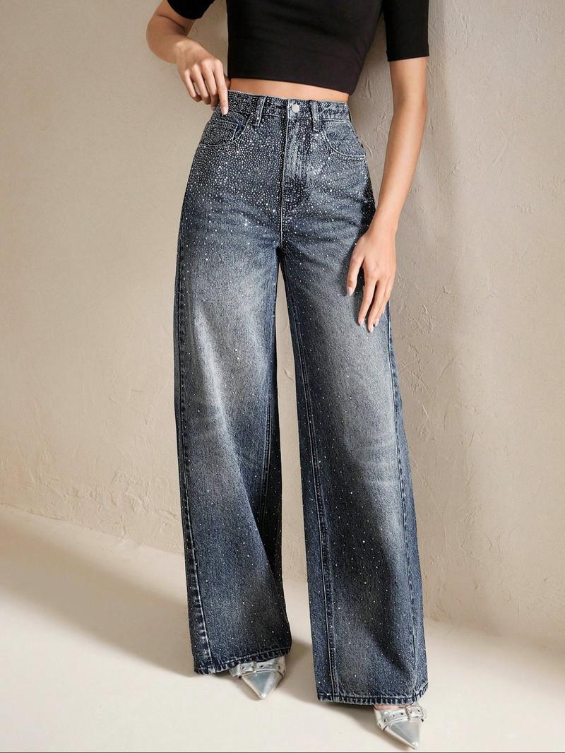 Women's New Trendy Rhinestone Glitter Straight Leg Jeans, Party Washed Denim Young Elastic Comfortable Long Pants, Casual Fitted H-Type