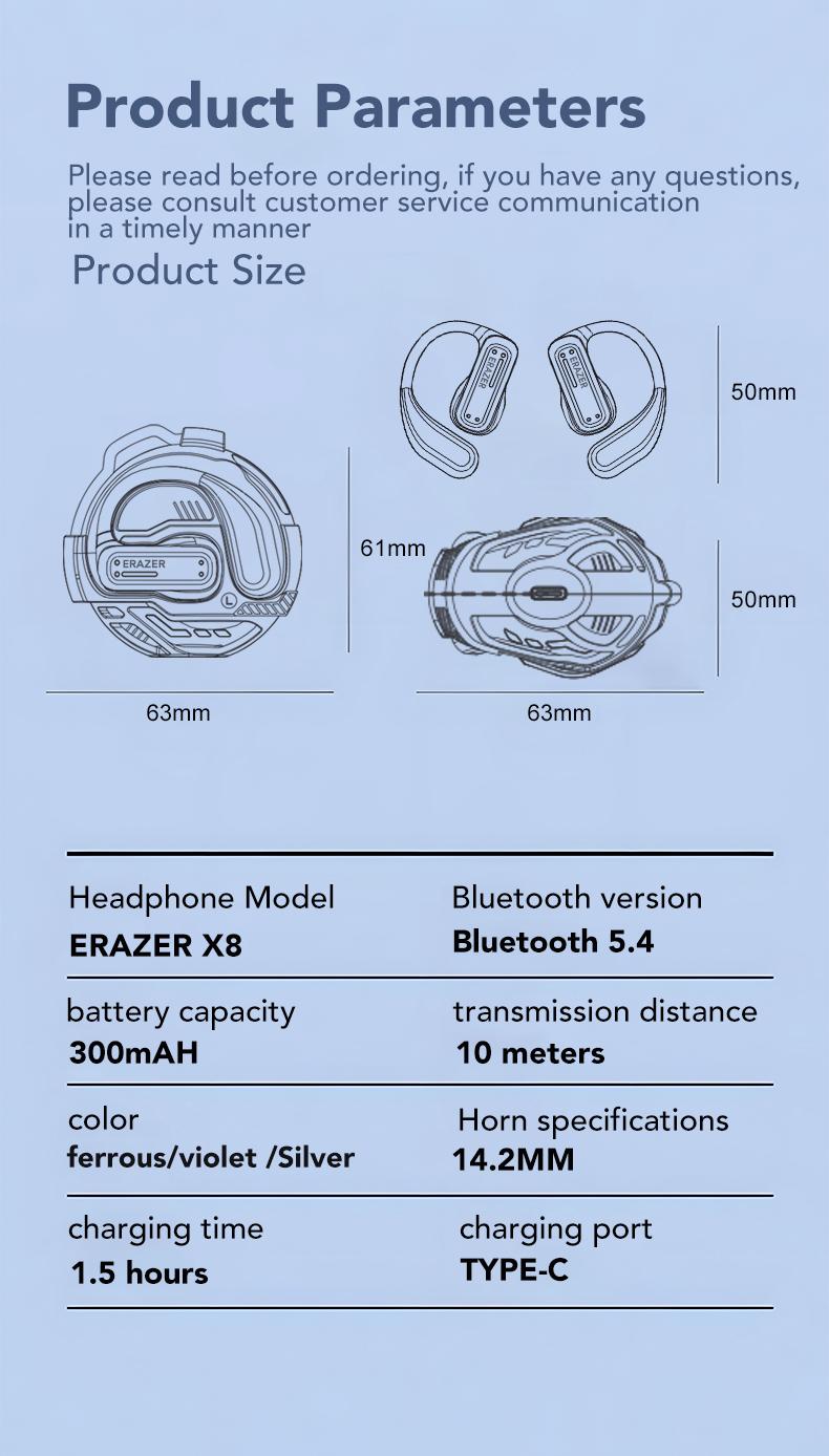 ERAZER X8 Open Ear Headphones Wireless Bluetooth 5.4 Earbuds IPX5 Waterproof Noise Cancelling 60H Playtime Sport Headsets with mic for Running Driving Fitness