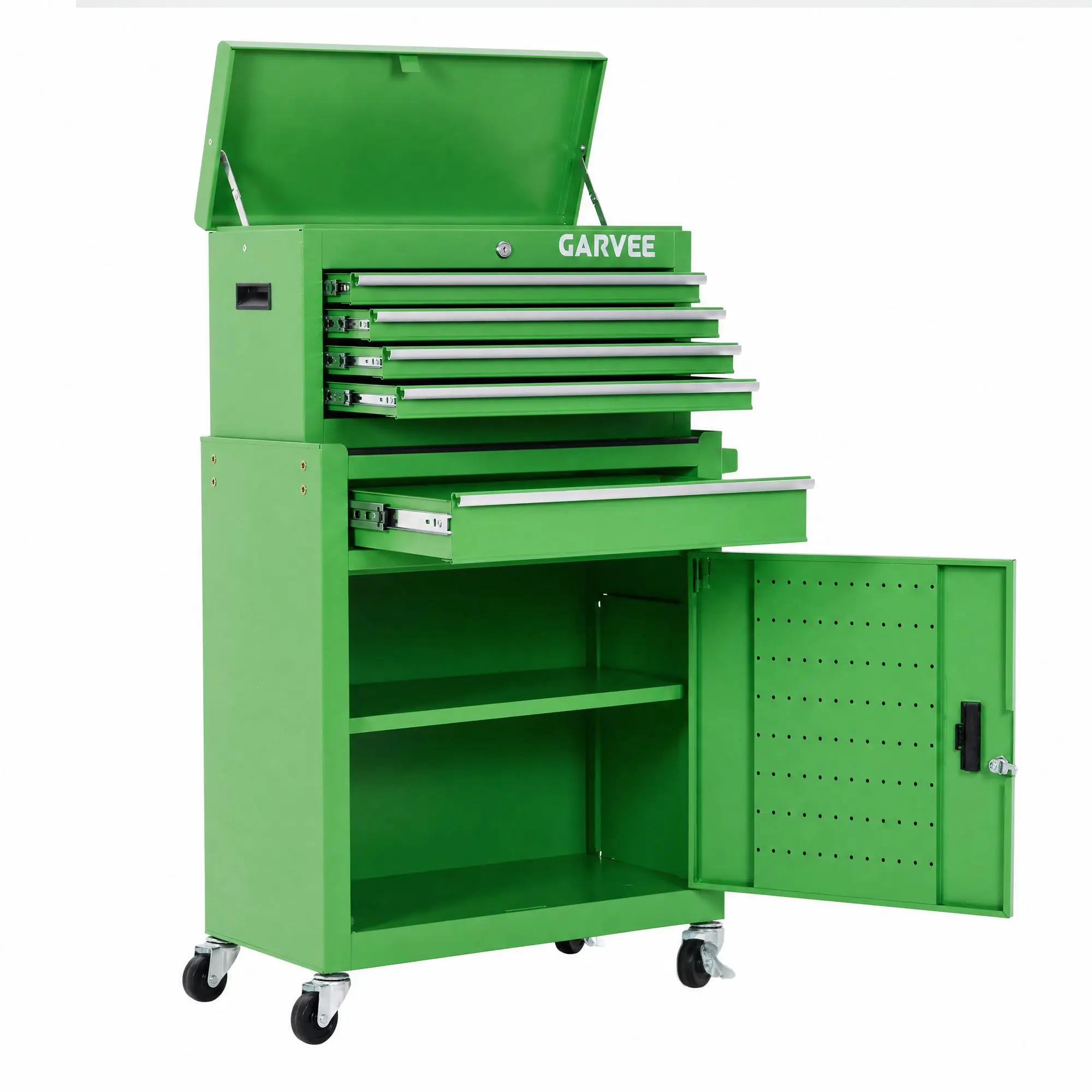 Lockable 2-in-1 Rolling Tool Chest & Cabinet, 8-Drawer Large Metal Tool Box Cart - Sliding Drawers w/ Protective Liners, 3-Inch Casters, Side Armrest - Blue