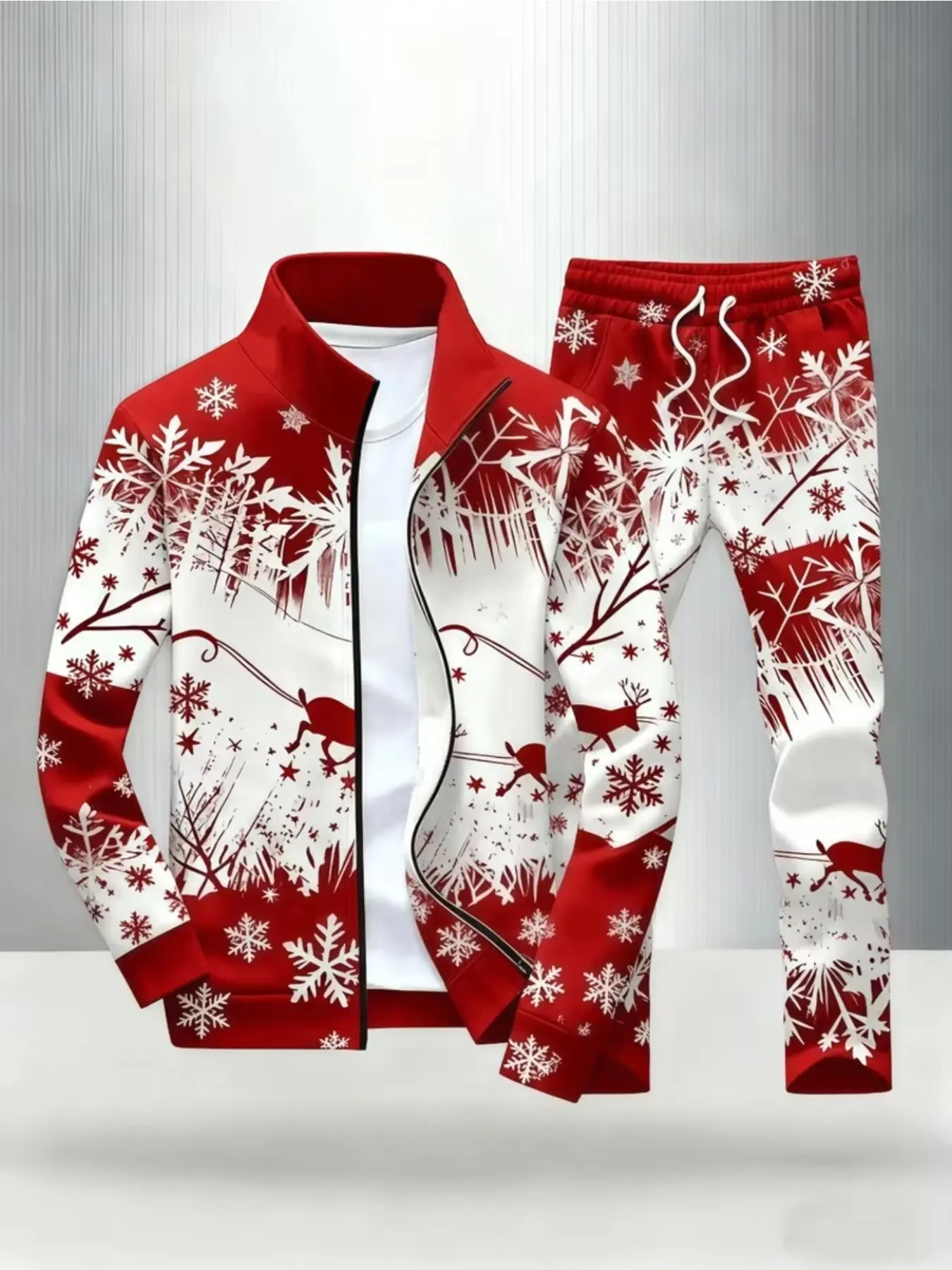 Men's Christmas Deer Snowflake Sports Set, Stand Collar Open Front Jacket with Sweatpants, Casual Long Sleeve Outerwear for Holiday Events
