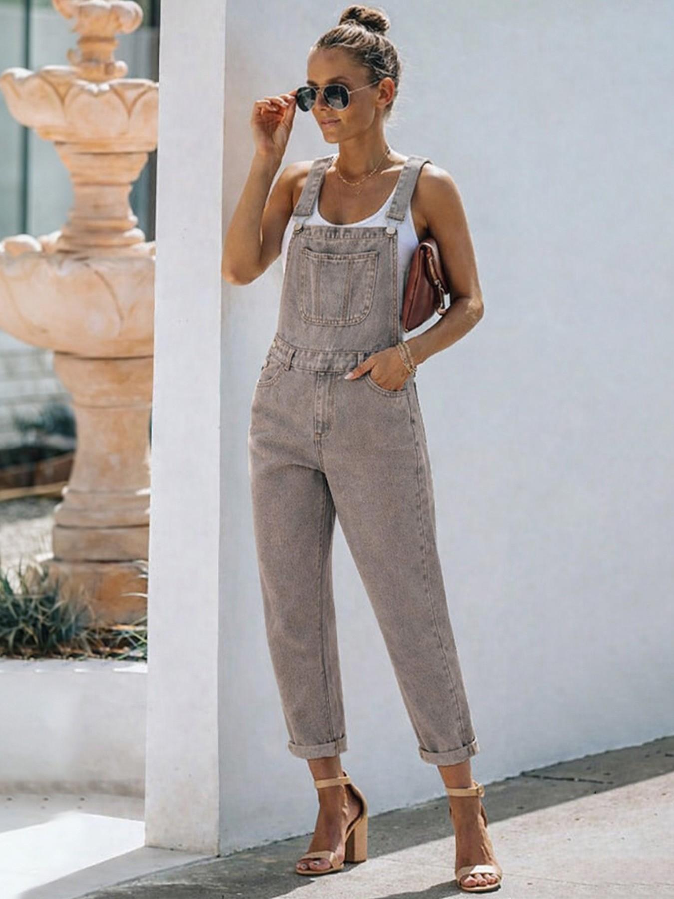 Summer New Denim Bib Pants Overalls Solid Color Loose Fit Women's Jeans Bib Pants Casual Daily Wear Versatile