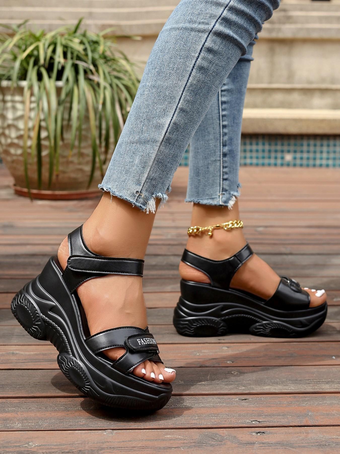 Women Adjustable Velcro Wedge Sandals, Letter Print Platform Sandals, Open-Toe Sporty Wedges, Adjustable Vegan Sandals, Faux Leather Ankle Strap Sandals, Lightweight Wedge Heel Shoes, Summer Comfort Sport Sandals, Everyday Wear Platform Wedge