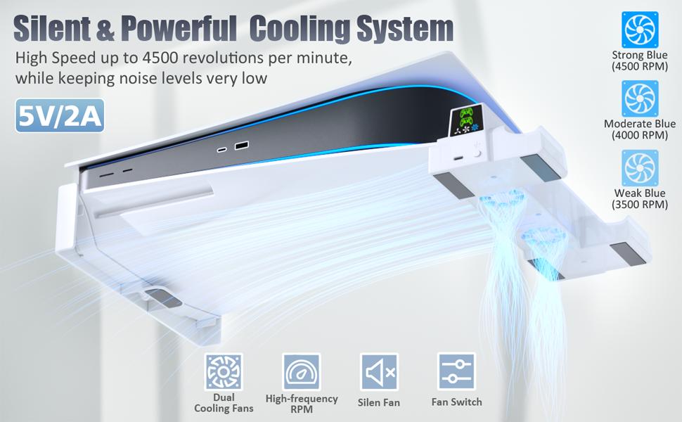 PS5 Horizontal Stand and Cooling Station with 3-Level Cooling Fan, Dual PS5 Controller Charging Base for Playstation 5 Controller, PS5 Console Accessories