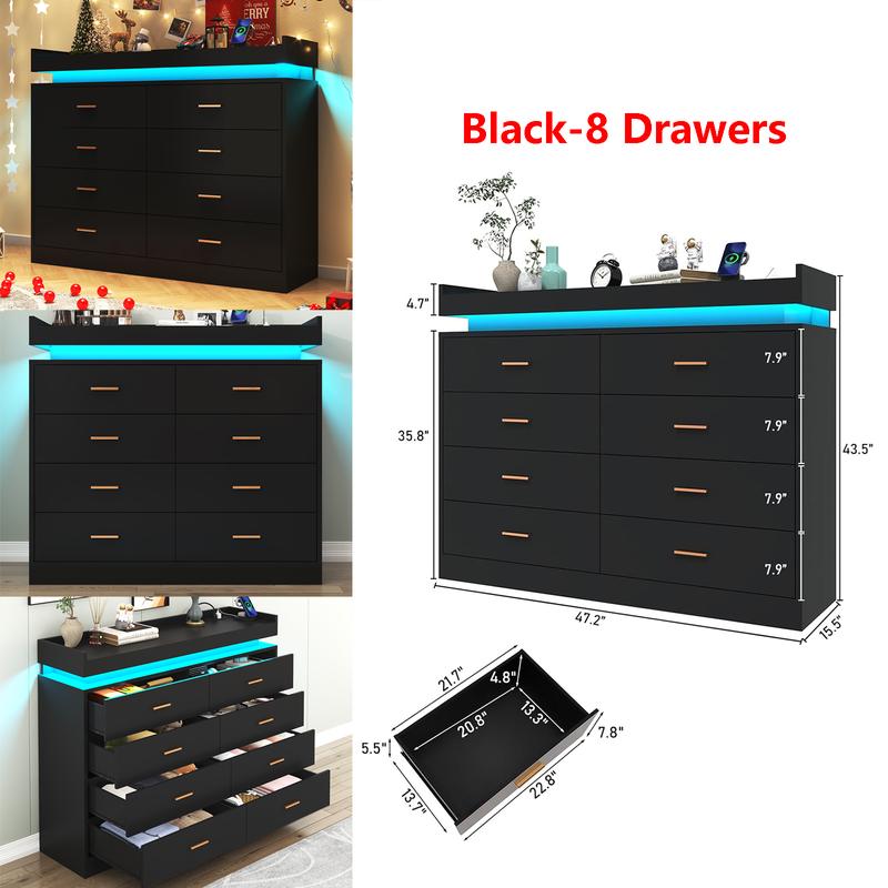 Dresser with LED Light and Charging Station, Modern Chest of Drawers for Closet, Wide Drawer Organizer Cabinet for Bedroom, Living Room, Entryway, Hallway