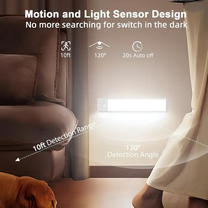 LED Motion Sensor Cabinet Light, USB Rechargeable, Anti-Glare Aluminum Alloy, Adjustable Three-Color Warm Closet Lamp, Wireless Magnetic Strip Nightlight