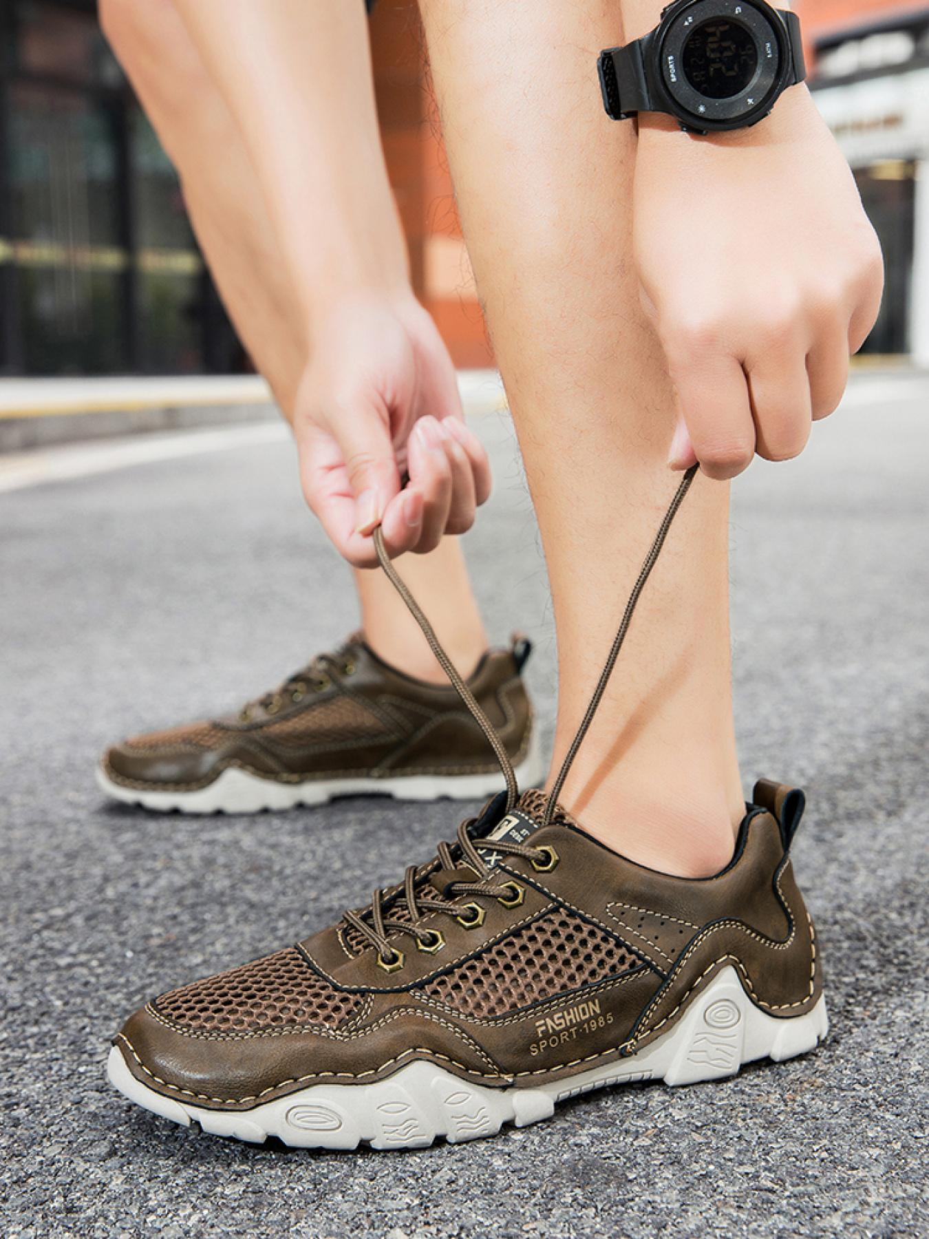 Men's Solid Color Mesh Patchwork Casual Sneakers, Hand-Stitched Thick-Soled Non-Slip Hiking Shoes, Trendy Versatile Breathable Dad Shoes