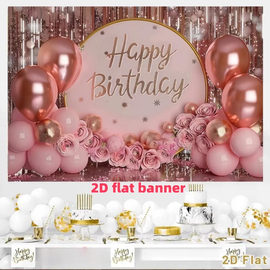 Pink birthday party backdrop banner with pink balloons and gift box elements. Made of polyester,suitable for living rooms, bedrooms, offices, birthdays, anniversaries, home décor, outdoor and indoor parties, photography backdrops, birthday party supplies