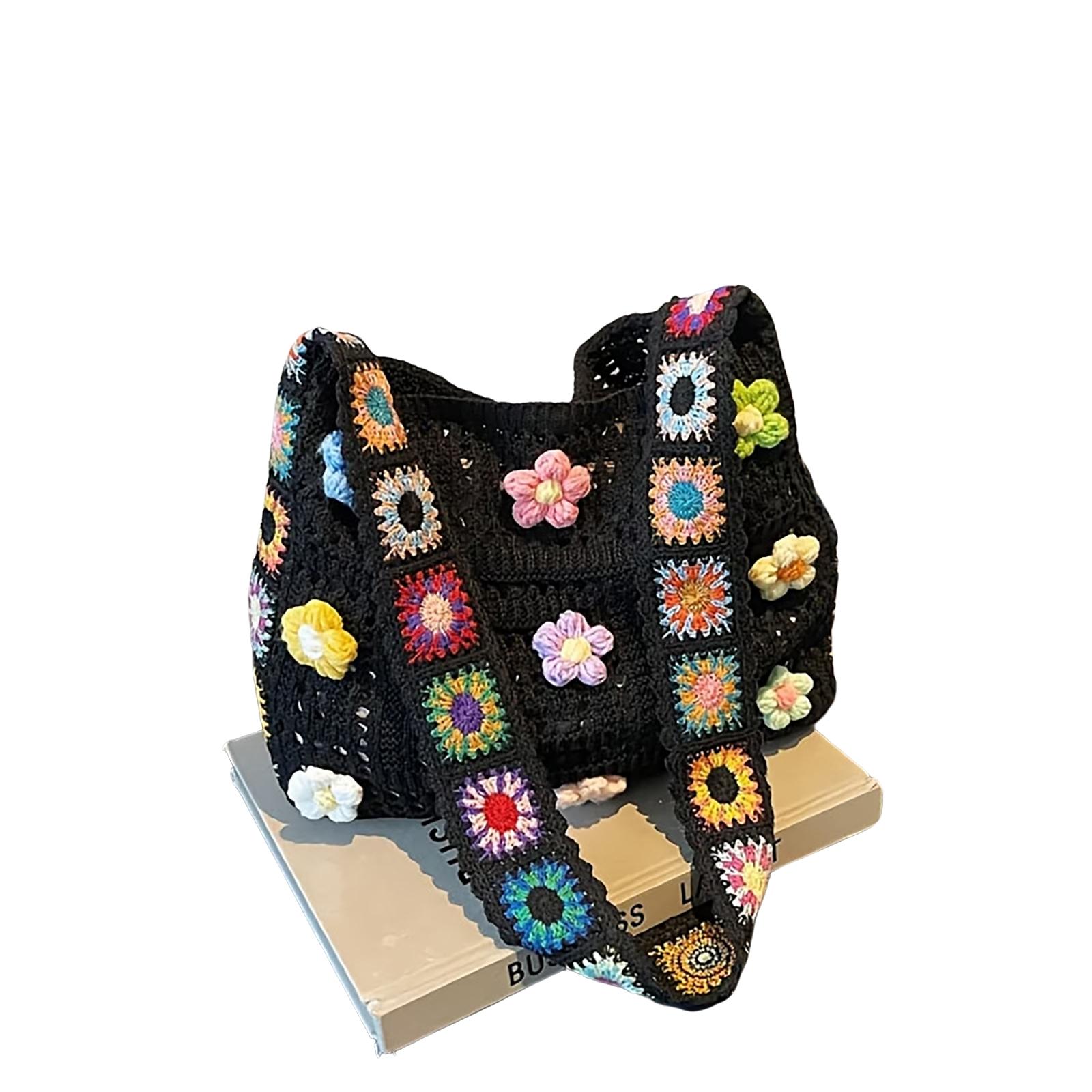 Handmade Crochet Hollow Flower Tote Bag, 5 Colors Available, Summer Fresh Weave Shoulder Bag, Beach Vacation Casual Large Capacity Crossbody Bag
