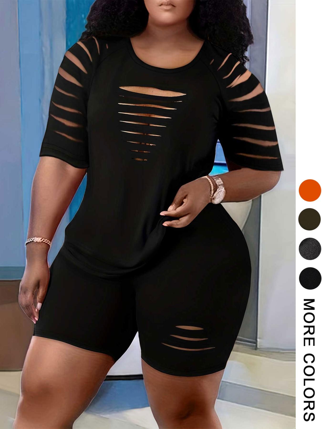 Plus Size Women's Ripped Design Sporty Round Neck Short Sleeve T-Shirt + High Waist Sporty Shorts, Casual Fashion Set, Street Style Sports Recommendation
