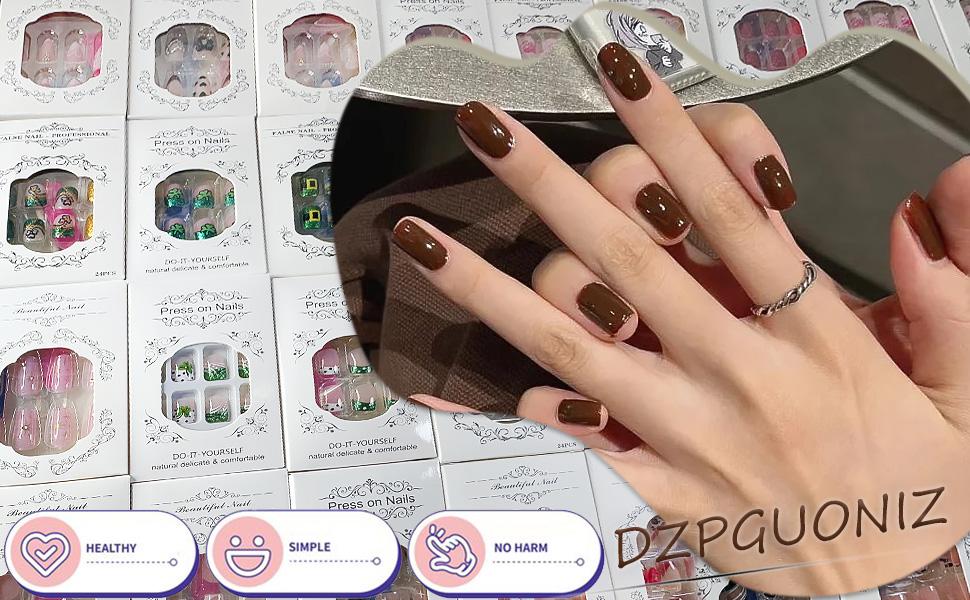 24Pcs Pink French Tip Press Nails Short Square Fake Nails Spring Cherry Blossoms with Line Design Nude Pink False Nails Stick Nails Full Cover Artificial Glue Nails for Women DIY Manicure