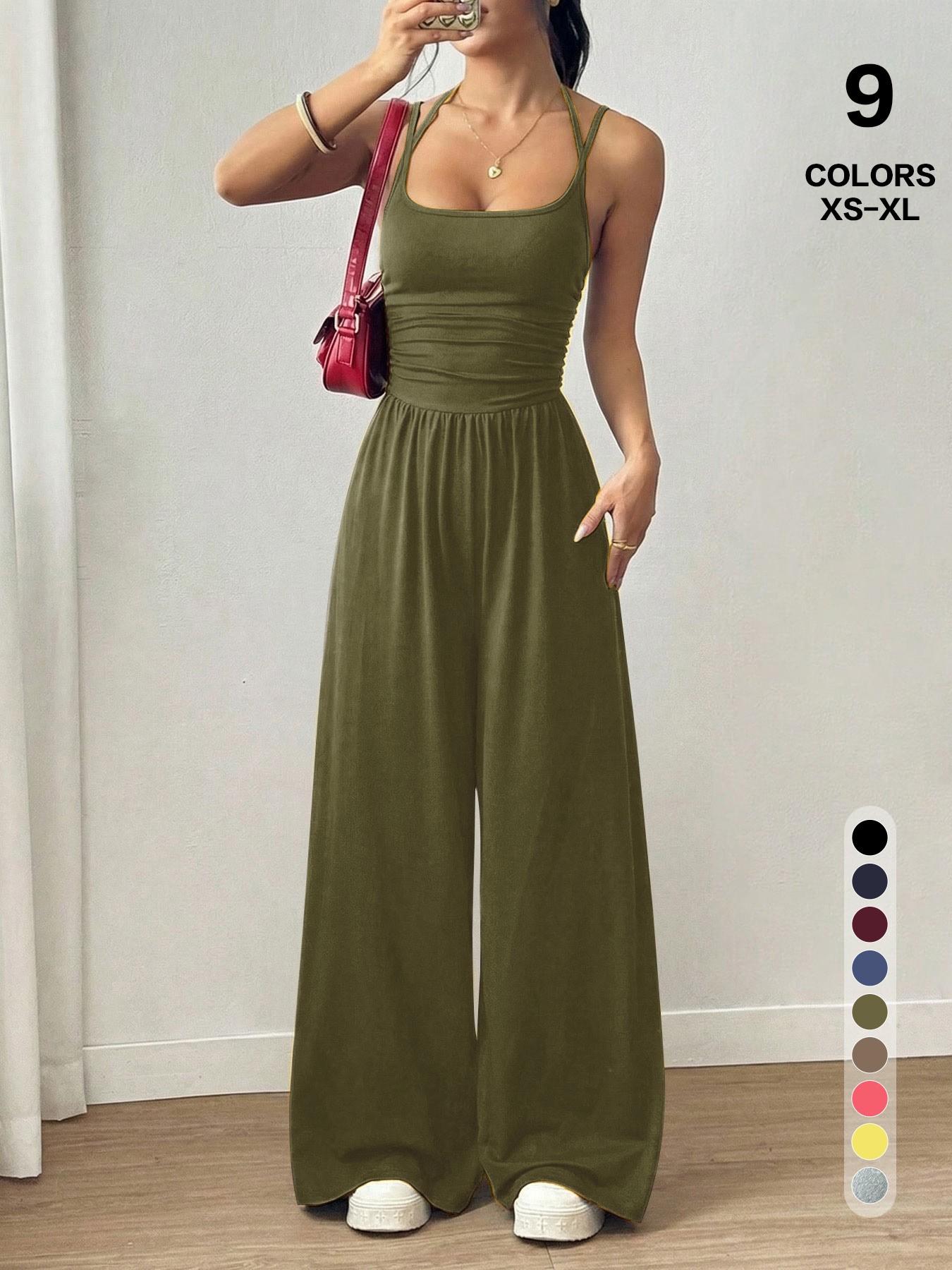 Lightweight Casual Everyday Jumpsuit, Slim Ruched Top & Wide Leg Bottom, Dual Purpose Sleepwear & Outerwear, Loose-Fitting Plain Basic Style, Minimalist, Casual Summer Jumpsuits