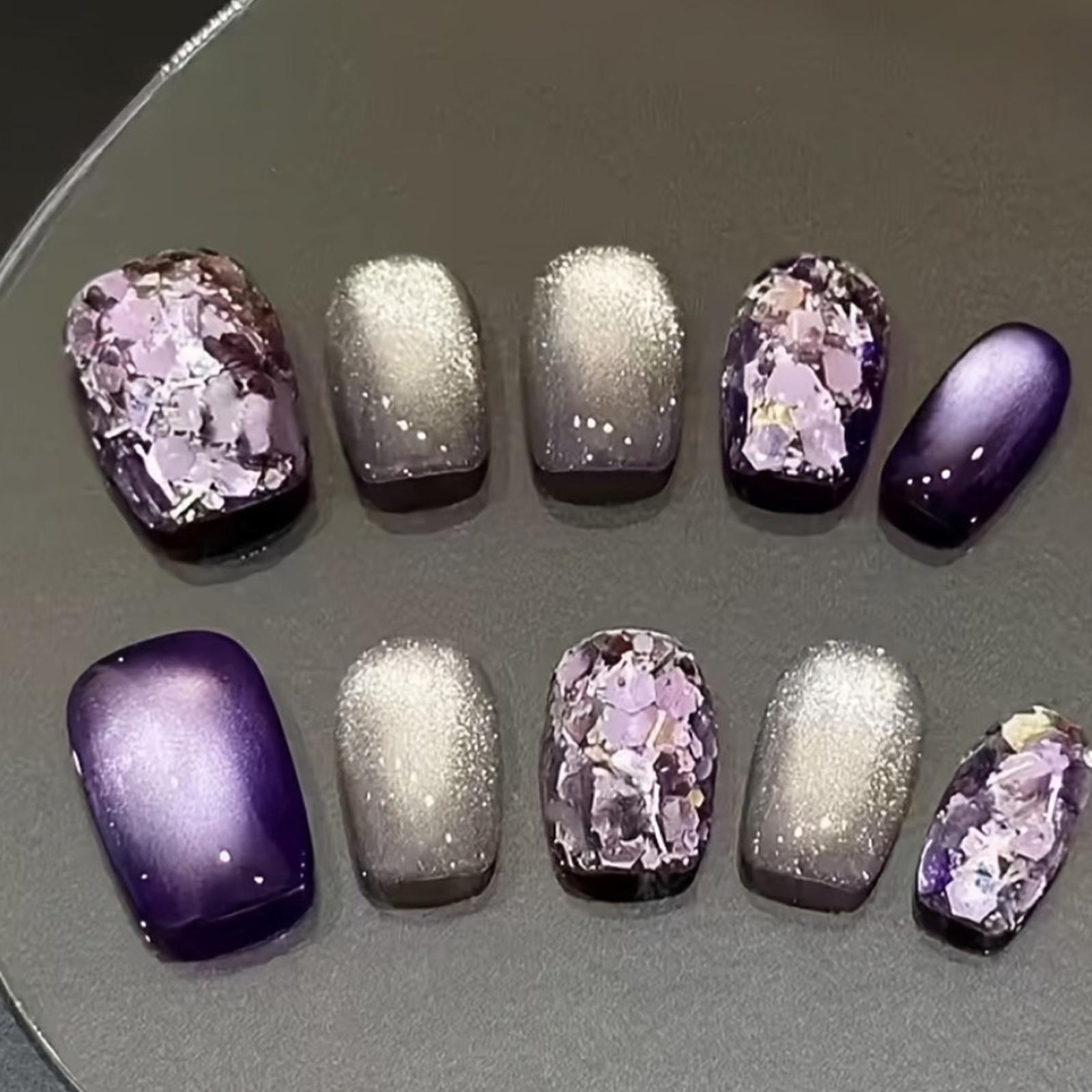 Obsessed With This Edgy Vibe! Custom Purple Grey Color Block Cat Eye Press On Fake Nails, Exquisite Hand-Painted Ice Shard Glitter & Silver Sand Design, TikTok Viral Blogger Favorite