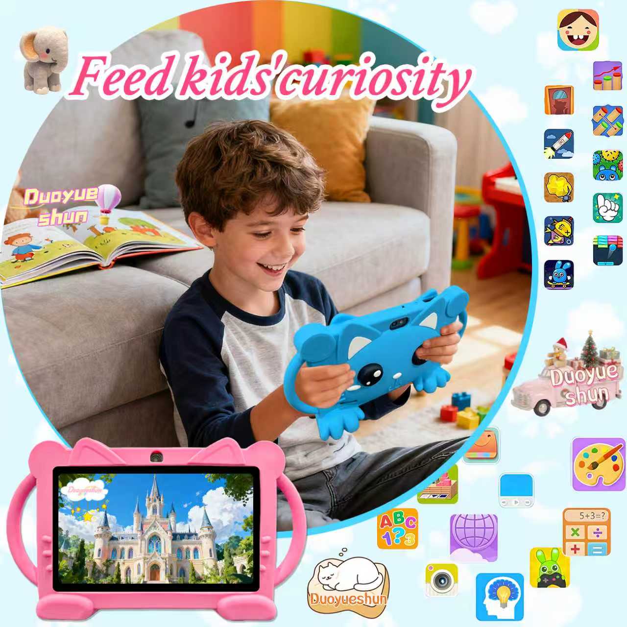 Standable and portable design7 Inch Android Wifi Tablet PC, Student Tablets, Parental Control, Rechargeable Battery, Dual Camera, Home & School Use, Kids' Learning Companion, Learning Entertainment Tablet, /blue