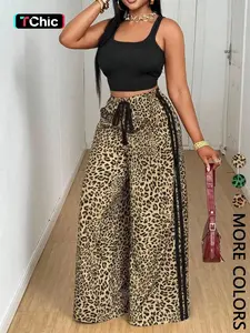 Women's 2-Piece Casual, Solid U-Neck Sleeveless Top + Leopard Print Pants, Fitted Style, Essential for Leisure and Commute