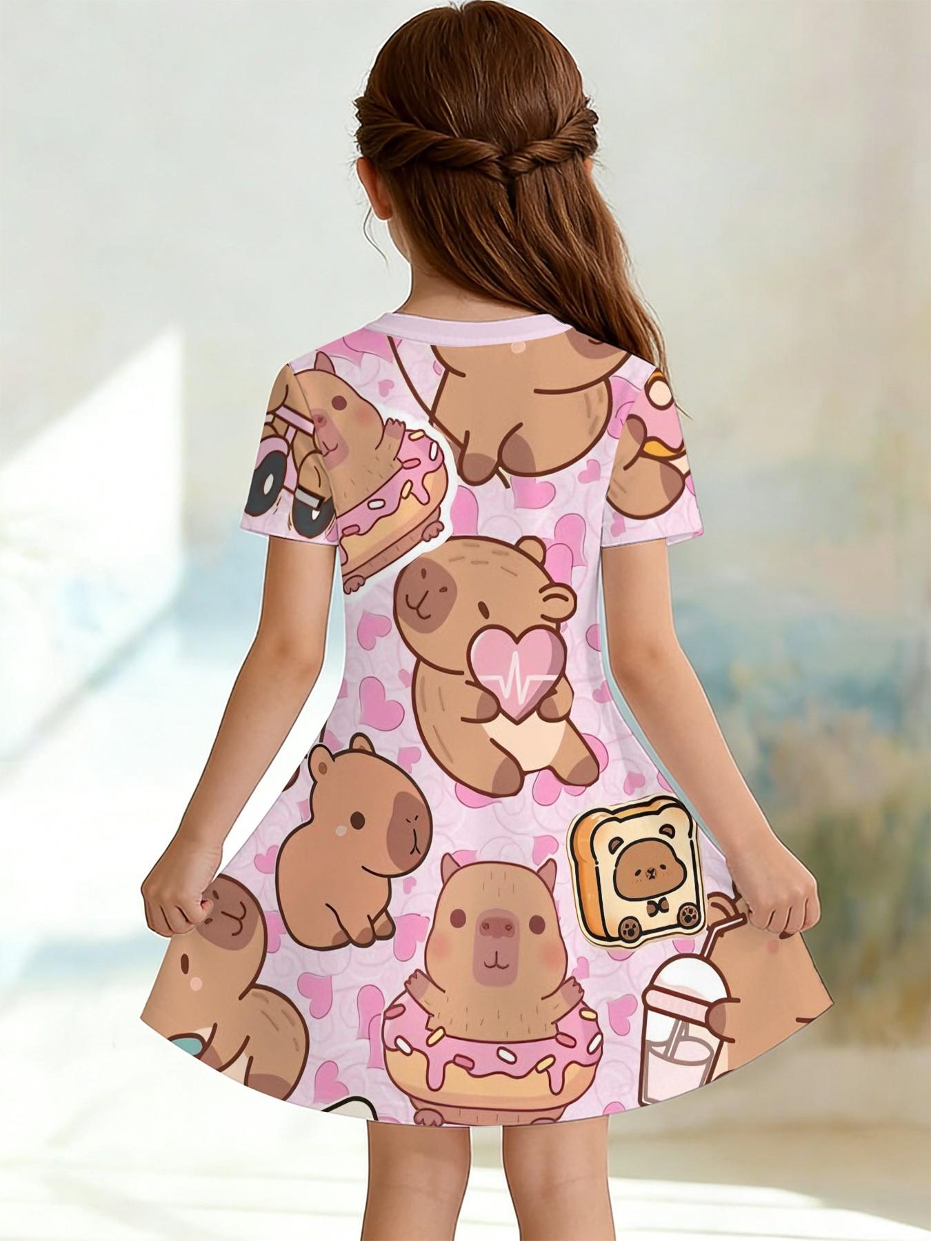 Trendy Girls' Watermelon Food Full Print A-Line Dress, Cute Cartoon Short Sleeve Skirt, Fashion Outdoor Wear, Birthday Gift, Holiday Gift