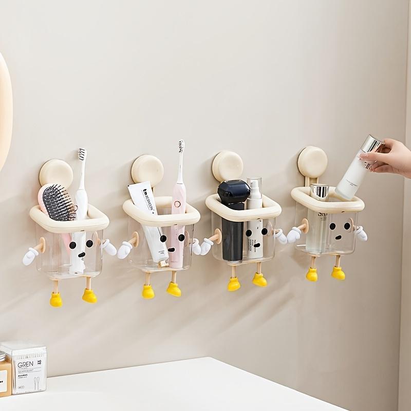 DIY Creative Cute Wall Mount Toothbrush Holder, No-Drill Suction Cup Bathroom Organizer with Multi-Sections for Toothpaste, Electric Toothbrush, Razor, Makeup Brushes, Kitchen Storage Supplies