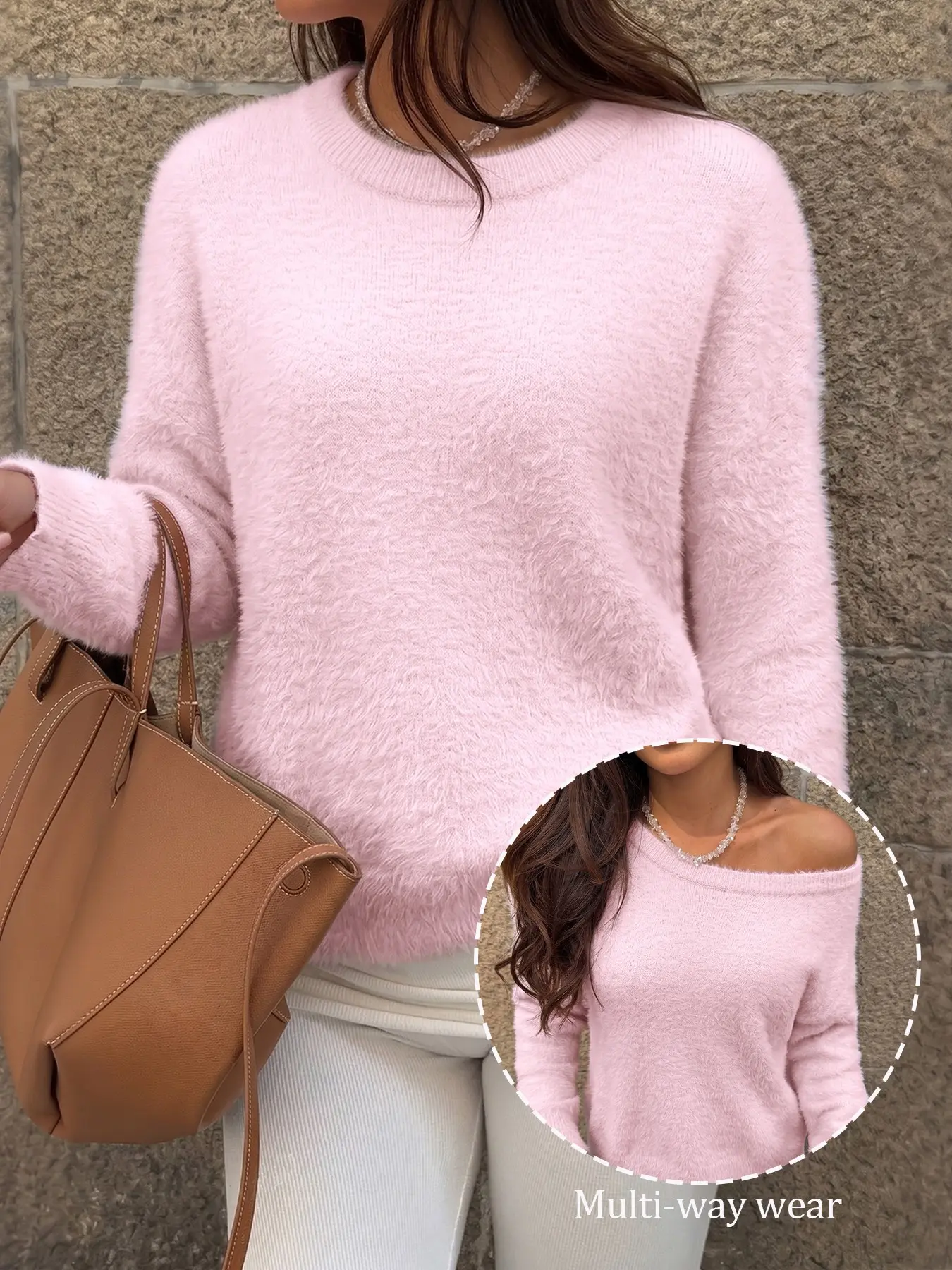Women's Fall Winter Sweet Plain Round Neck Pullover, Loose-Fitting Long Sleeve Knit Sweater, Casual Urban Style for Daily Wear