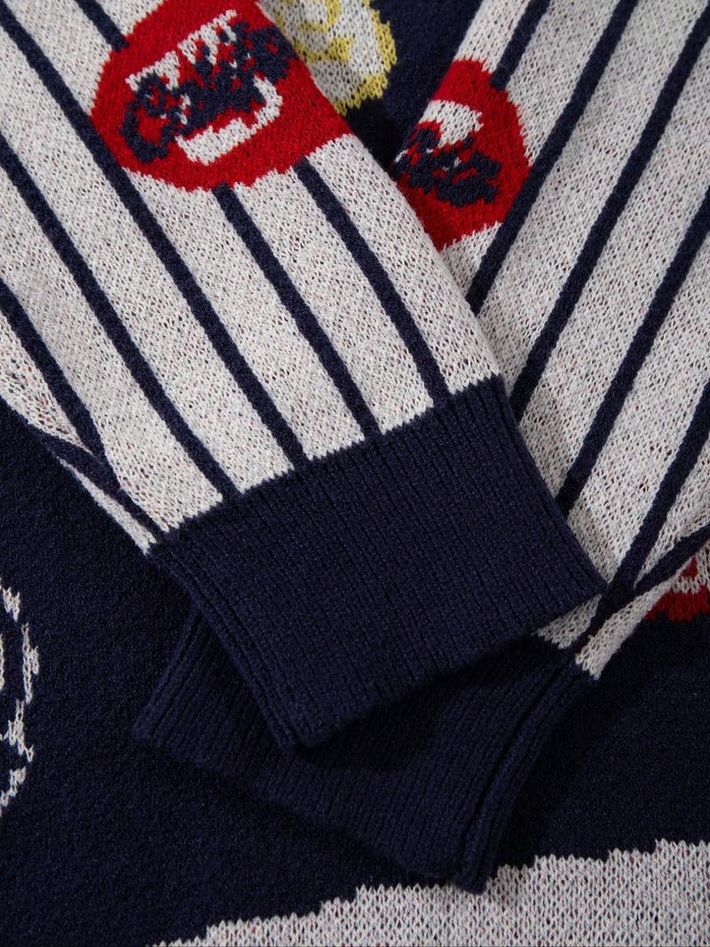 Men's Autumn Winter Casual Loose Fit Knit Sweater, Small Dinosaur Baseball Pattern, Vintage Street Style Long Sleeve Round Neck Top, Sweater Pullover