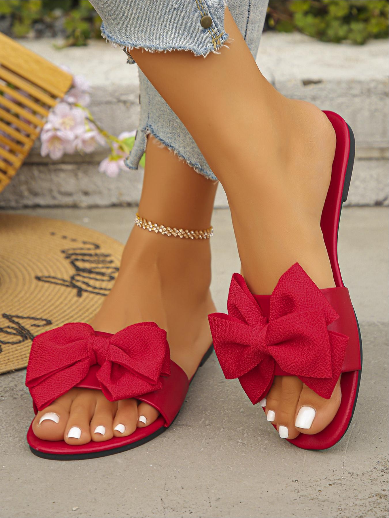 2026 Summer New Bow - decorated Flat Sandals, Multi - color (Green/Brown/Black/Yellow/Red/Orange/White) Square - toe Open - toe Soft - sole Women's Slides, Versatile for Daily Streetwear/Vacation/Home