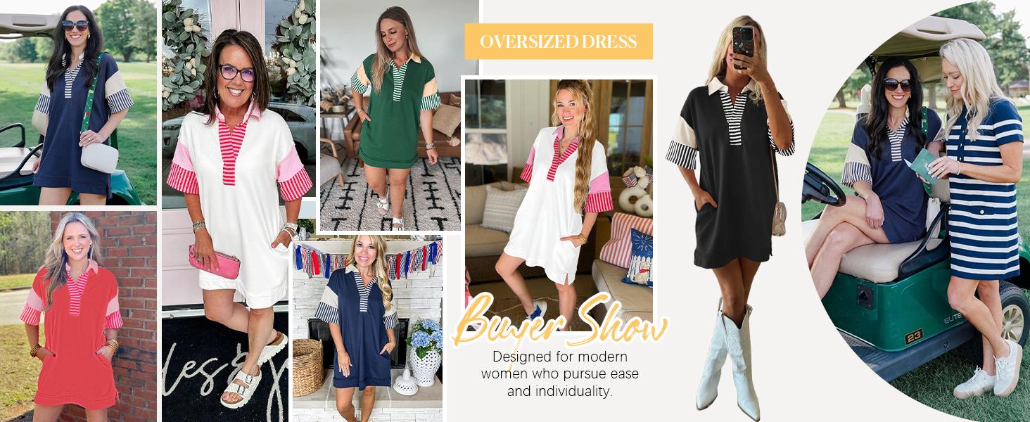 Wenrine Women's Polo V Neck T Shirt Dress Casual Summer Oversized Color Block Short Sleeve Sweatshirt Mini Dresses Wenrine Women's Polo V Neck T Shirt Dress Casual Summer Oversized Color Block Short Sleeve Sweatshirt Mini Dresses