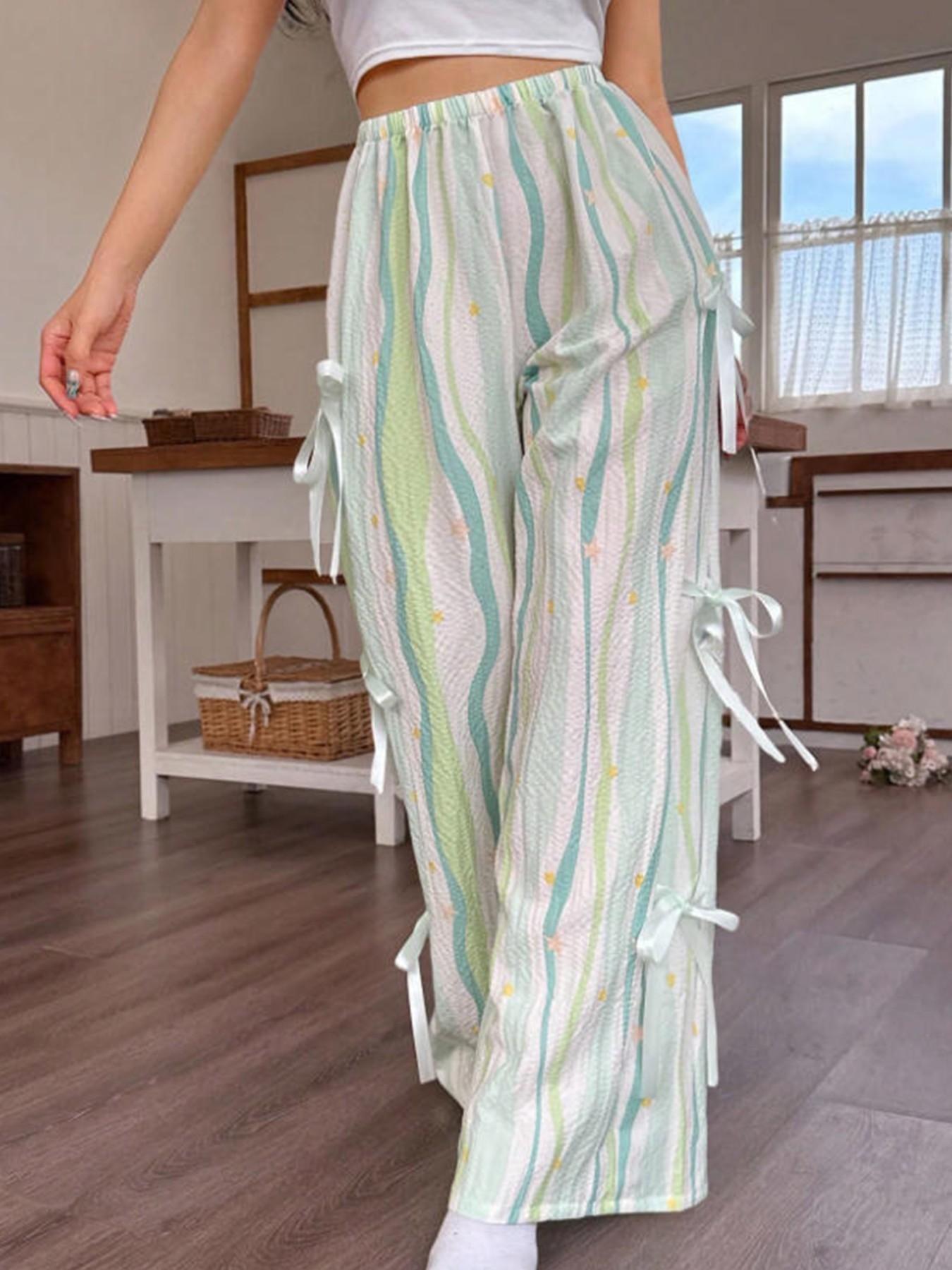Women's Multicolor Striped Plaid Wide Leg Pants, Side Bow Tie Long Pants, Sweet Heart Star Print Casual Trousers, Bottoms