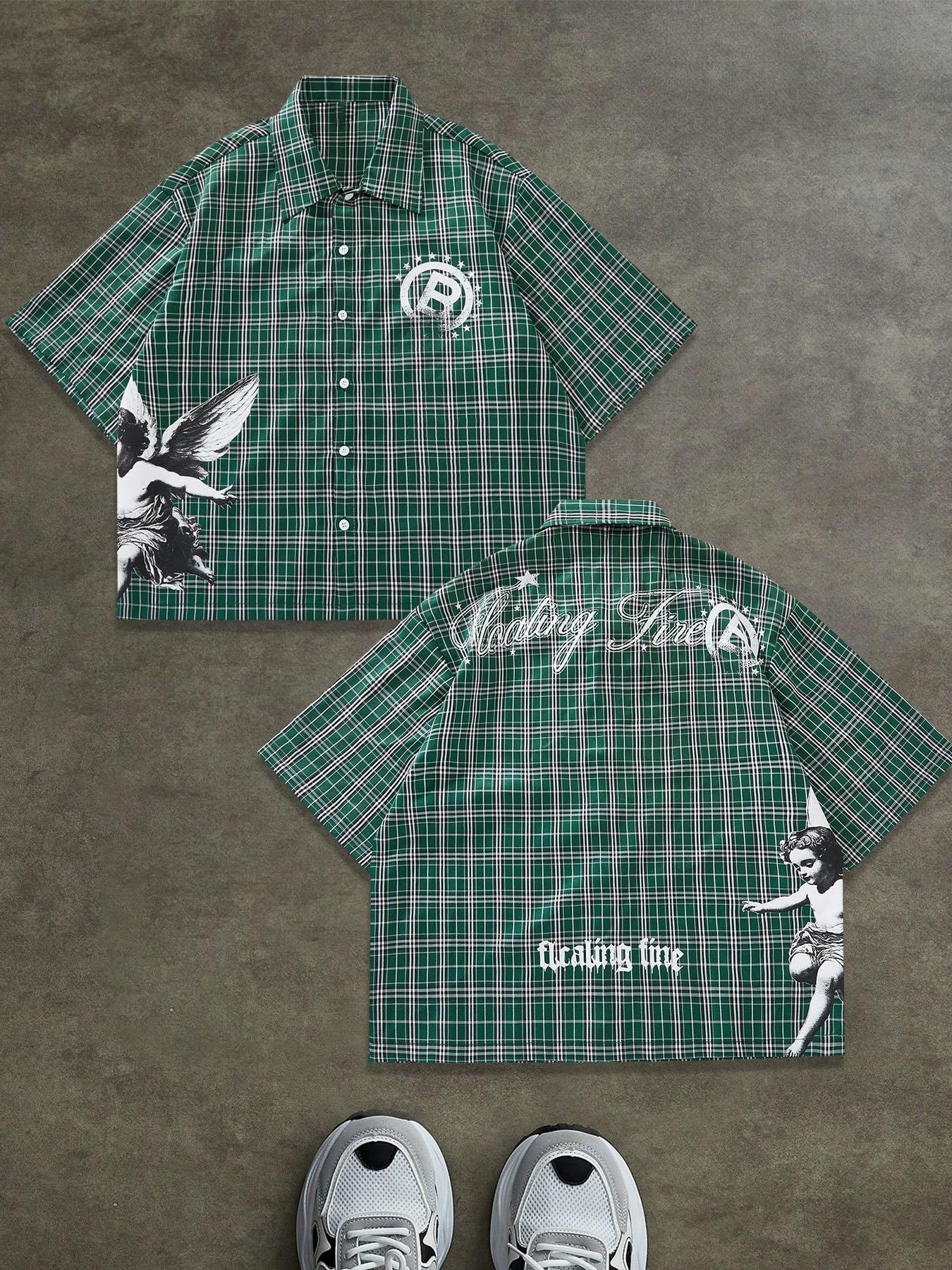 Retro Striped Short Sleeve Shirt with Letter Print, Loose-Fitting Casual Woven Top for All Seasons, Vintage Style Button Shirt, Casual Comfy Shirt