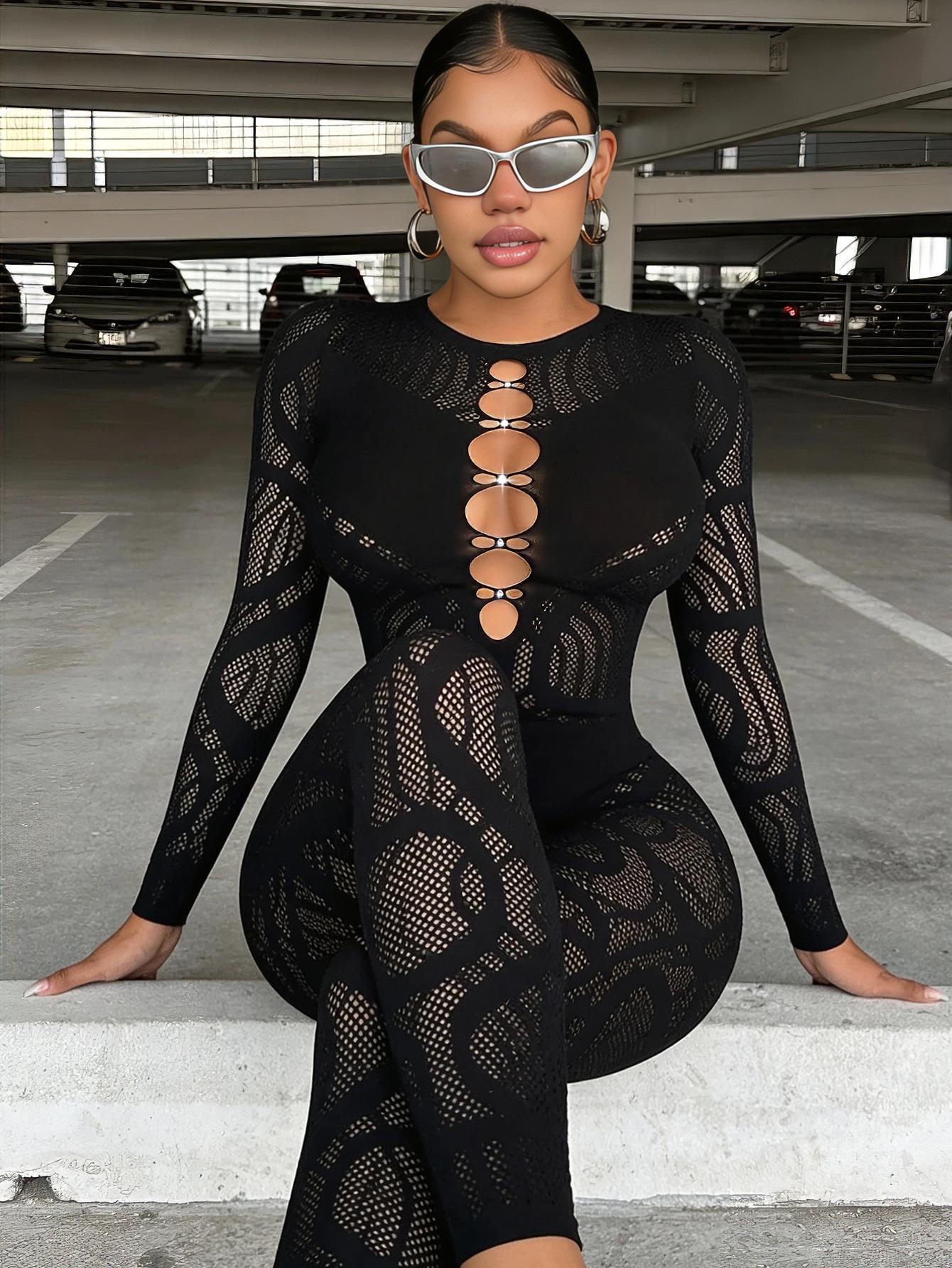 Women's High-Waist Rhinestone Hollow Thick-Knit Long-Sleeve Integrated Bodysuit Outerwear - Polyester, Romantic, Ethnic, Baroque, Anniversary Essential Fashion Clothing Accessory