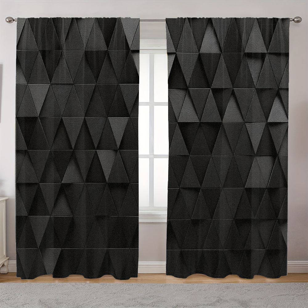 2D Flat  2-Pack Dark Gray Black Triangle Grid 3D Textured Curtains, Modern Abstract Geometric Pattern Light Filtering Blackout Curtains for Living Room Bedroom, Room Decor Curtain, Dimensional Layered Design with Angled Edges