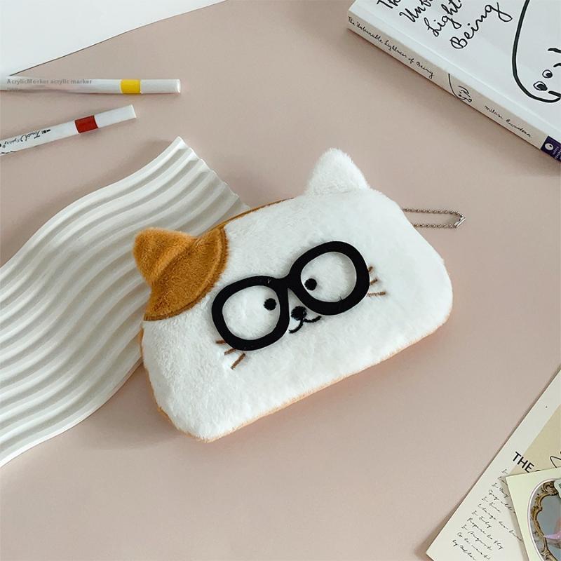 Cute Glasses Puppy Kitten Plush Pencil Case Large Capacity Pencil Bag Student Stationery Storage Bag Small Wallet Birthday Gifts