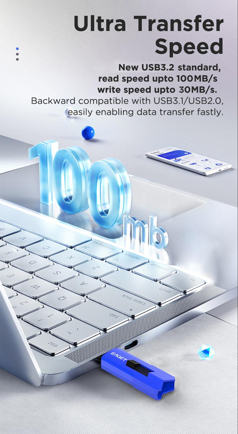 EAGET USB3.2 Flash Drive USB Stick Drive Usb Flash Drives 1 Pack, 32G/64G/128G Blue Yellow ABS Sliding Cap, 100MB/s Read Shockproof A+ Chip Fast Transfer, For Students Office Staff, Windows Mac Linux Laptop Desktop-Portable Data Storage Thumb Drive Gift