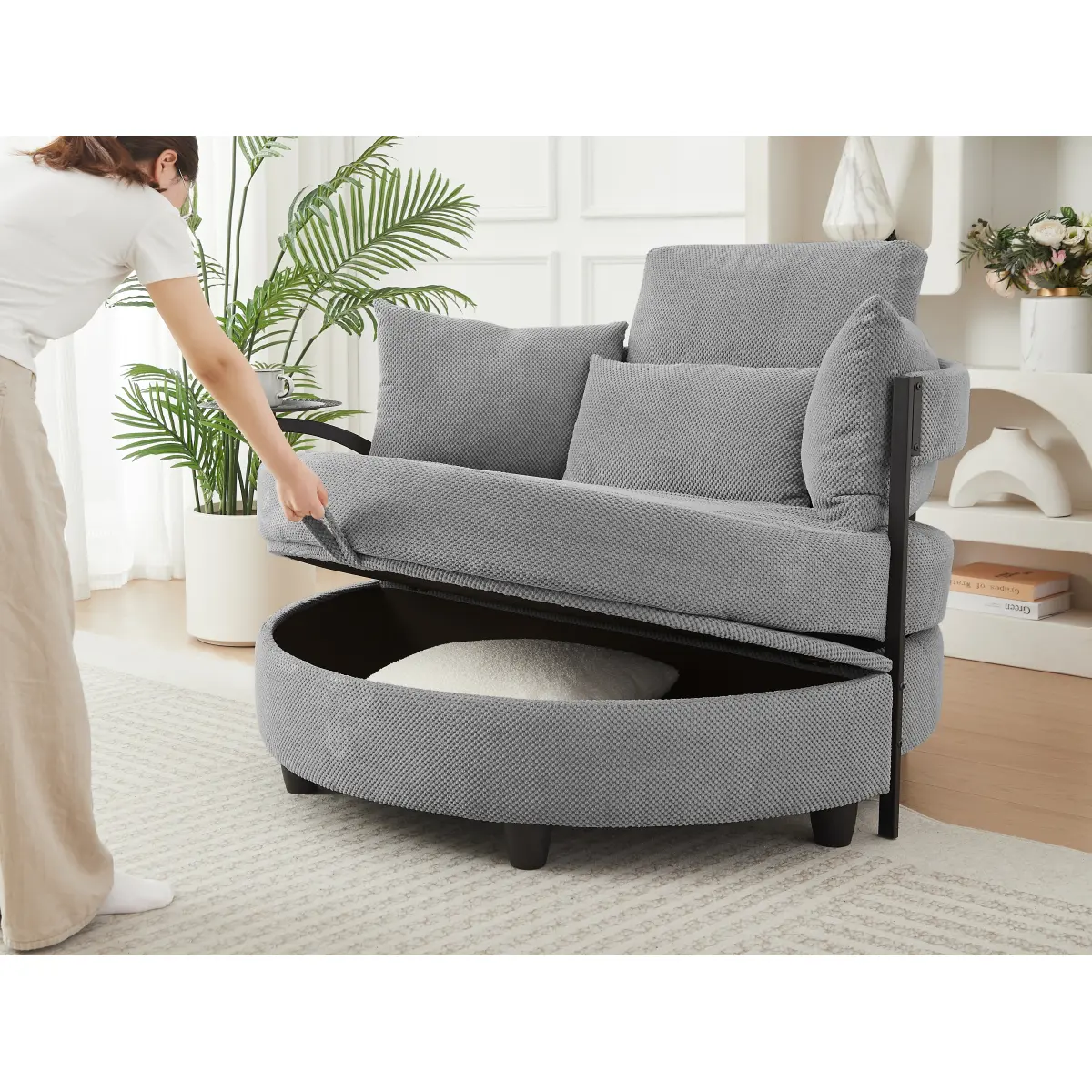 Light Grey Round Sofa with Swivel Side Table