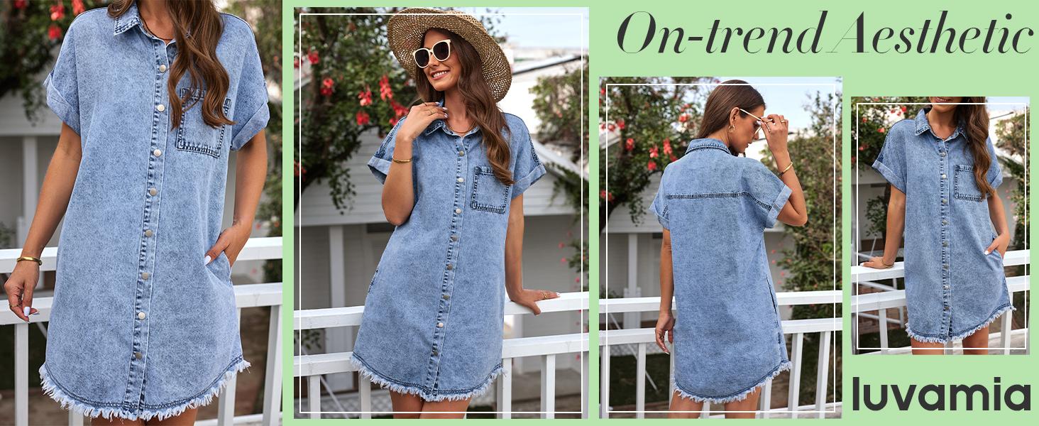 luvamia Denim Dress for Women Button Down Short Sleeves Casual Summer Jean Shirt Dresses with Pockets Frayed Hem Womenswear Shortsleeve Minimalist valentine's day outfit graduation dress birthday dresses