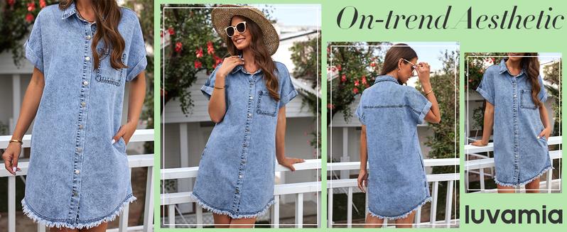luvamia Denim Dress for Women Button Down Short Sleeves Casual Summer Jean Shirt Dresses with Pockets Frayed Hem Womenswear Shortsleeve Minimalist valentine's day outfit graduation dress birthday dresses
