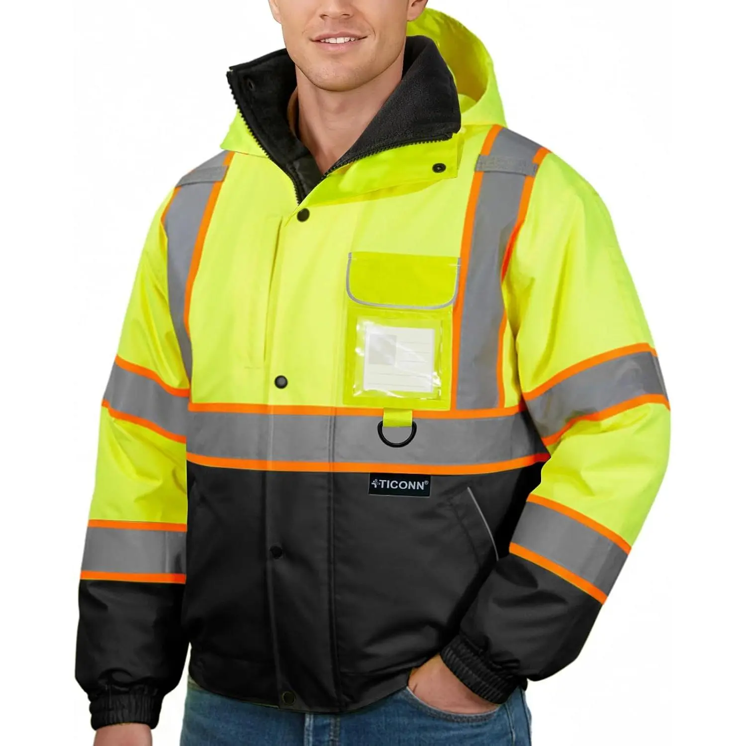 Hi Vis Safety Bomber Jacket, Fleece-Lined Waterproof ANSI Class 3
