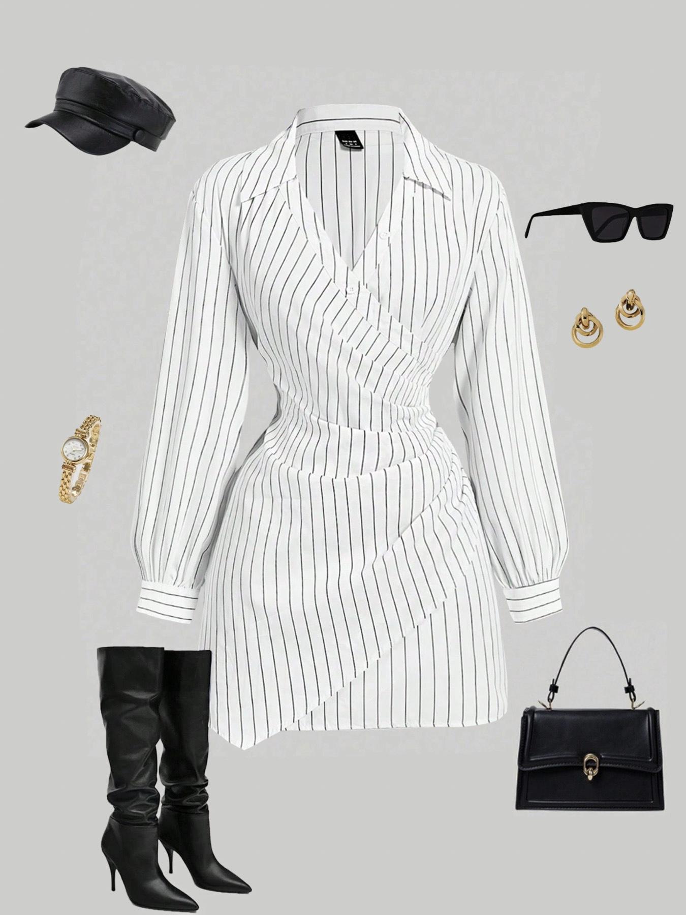 Women's Plaid Print V-Neck Lantern Sleeve Ruched Fitted Mini Dress, Suitable For Work, School, Casual Wear, Fall Clothes For Women,Shirt Dress,Brown Plaid,Office Outfit,Long Sleeves,Fitted Waist Stripe Print Dress，Irregular dress, Striped