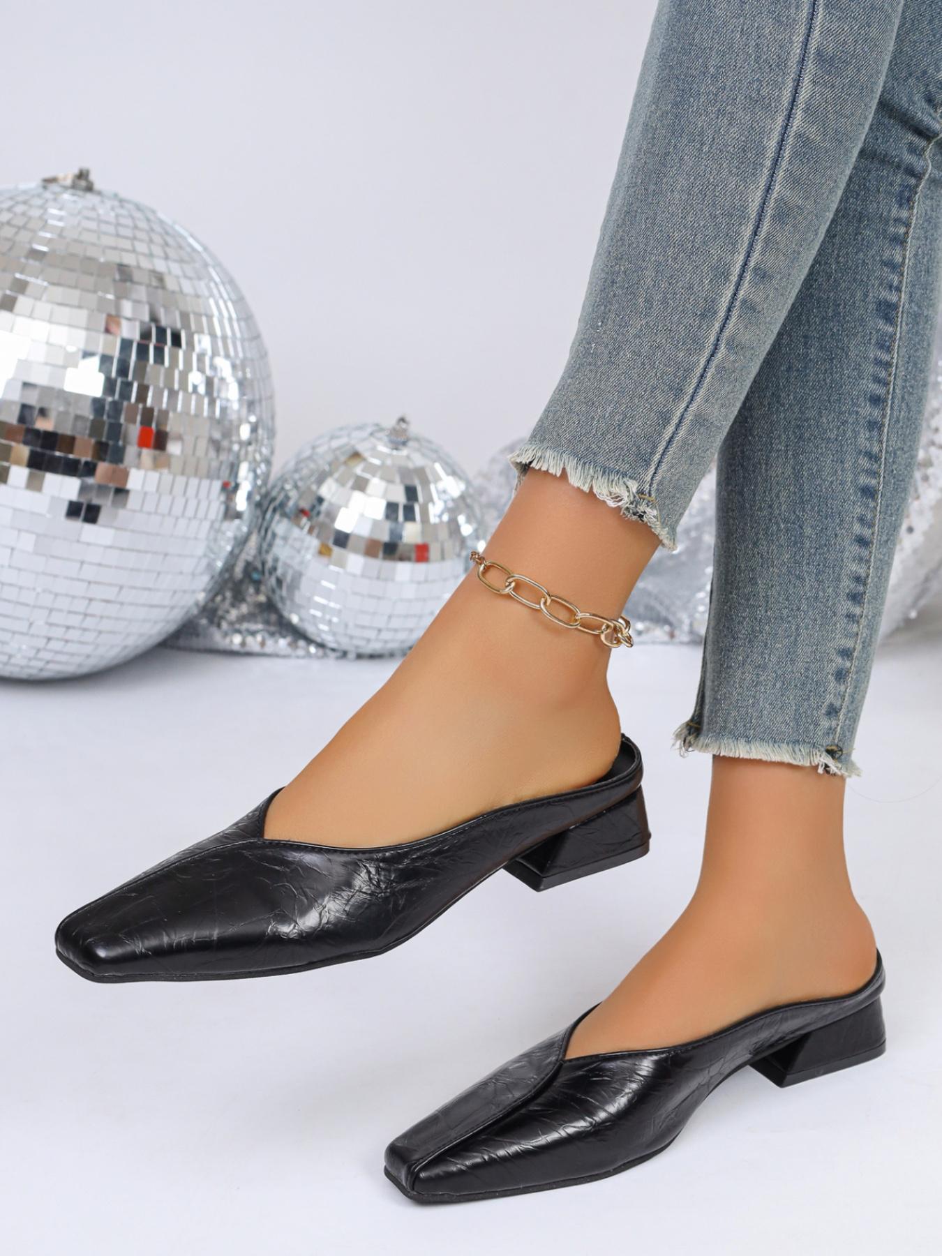 2026 Summer Woven Square Toe Low Block Heel Pumps for Women, Textured V-Cut Slip-On Shoes, Casual & Office Wear