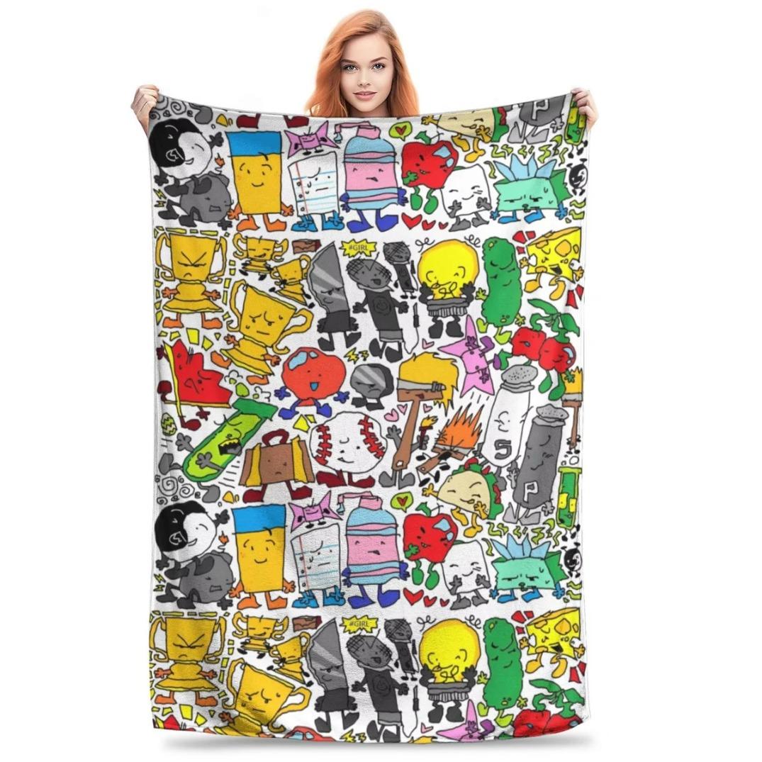 BFDI Inanimate Insanity Cartoon Blanket All Characters Plush Soft Vintage Flannel Throw Blanket for Couch Sofa Chair Bedroom All Season Cozy Aesthetic Fan Gift for Kids Teens Birthday Christmas Halloween Trending Viral Home Decor Blanket