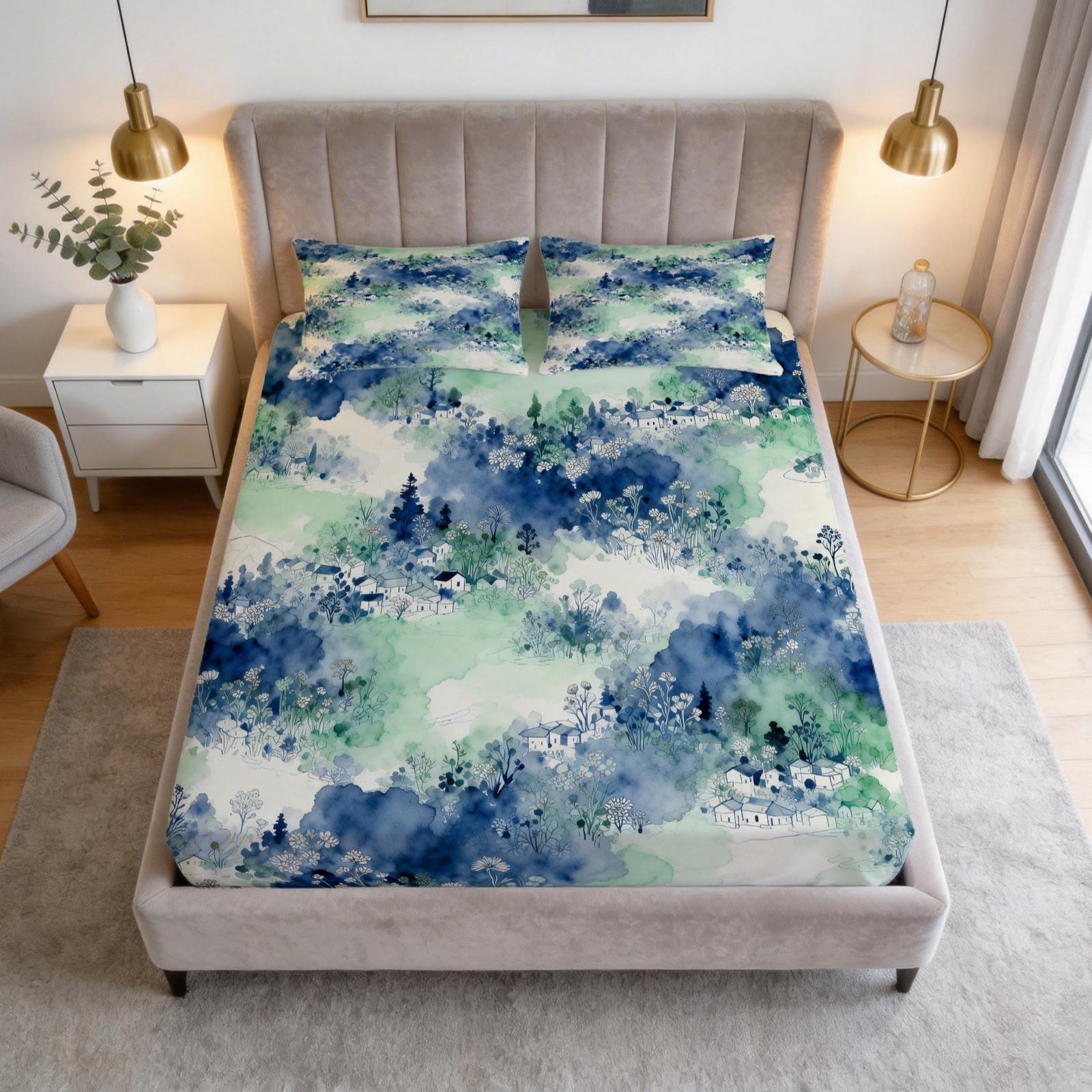 3 Pcs Watercolor Landscape Checkered Fitted Sheet Set, HD Digital Printed Fitted Sheet (No Insert), Soft Breathable Deep Pocket Mattress Cover, Aesthetic Bedroom Decor Bedding Set