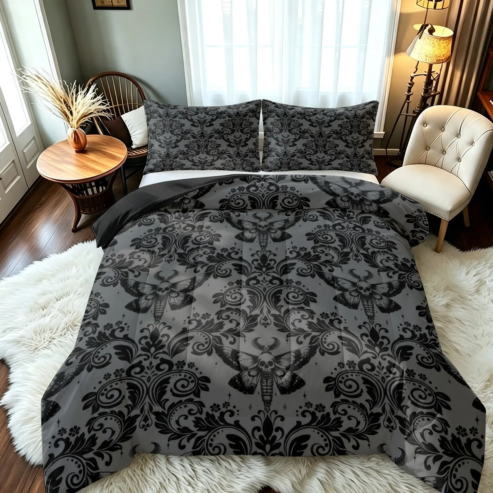 3Pcs Gothic Death Moth Comforter Set, Black Damask Floral Skull Moth Print, Soft Breathable Microfiber, U-Shaped Quilting, 1 Comforter + 2 Pillowcases, Dark Academia Bedroom Dorm Decor Gift