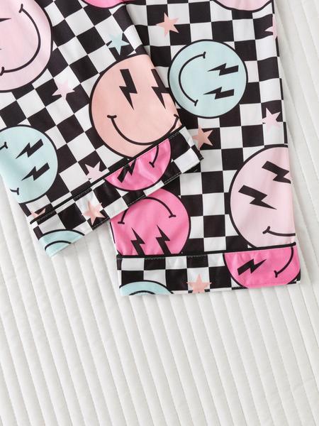 Women's Christmas Plaid Smiley Face Print Pajama Set, Lightweight Button-Up Long Sleeve Top & Pants, Casual Fitted Sleepwear