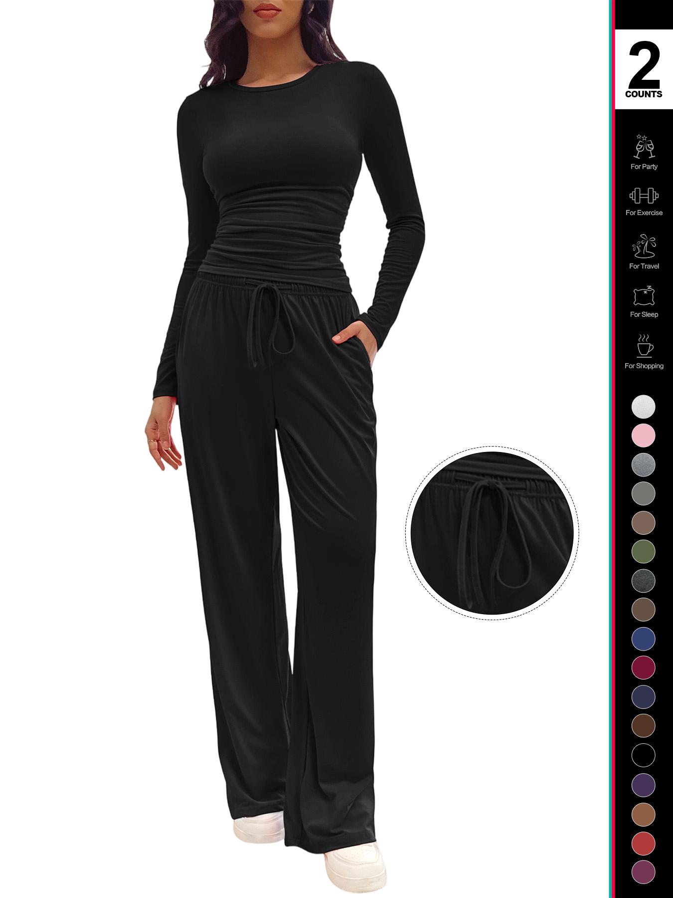 Women's Solid Ruched Drawstring Loungewear Set, Casual Fit Long Sleeve Round Neck Top & Pocket Wide Leg Trousers, Ladies Sleepwear for All Seasons