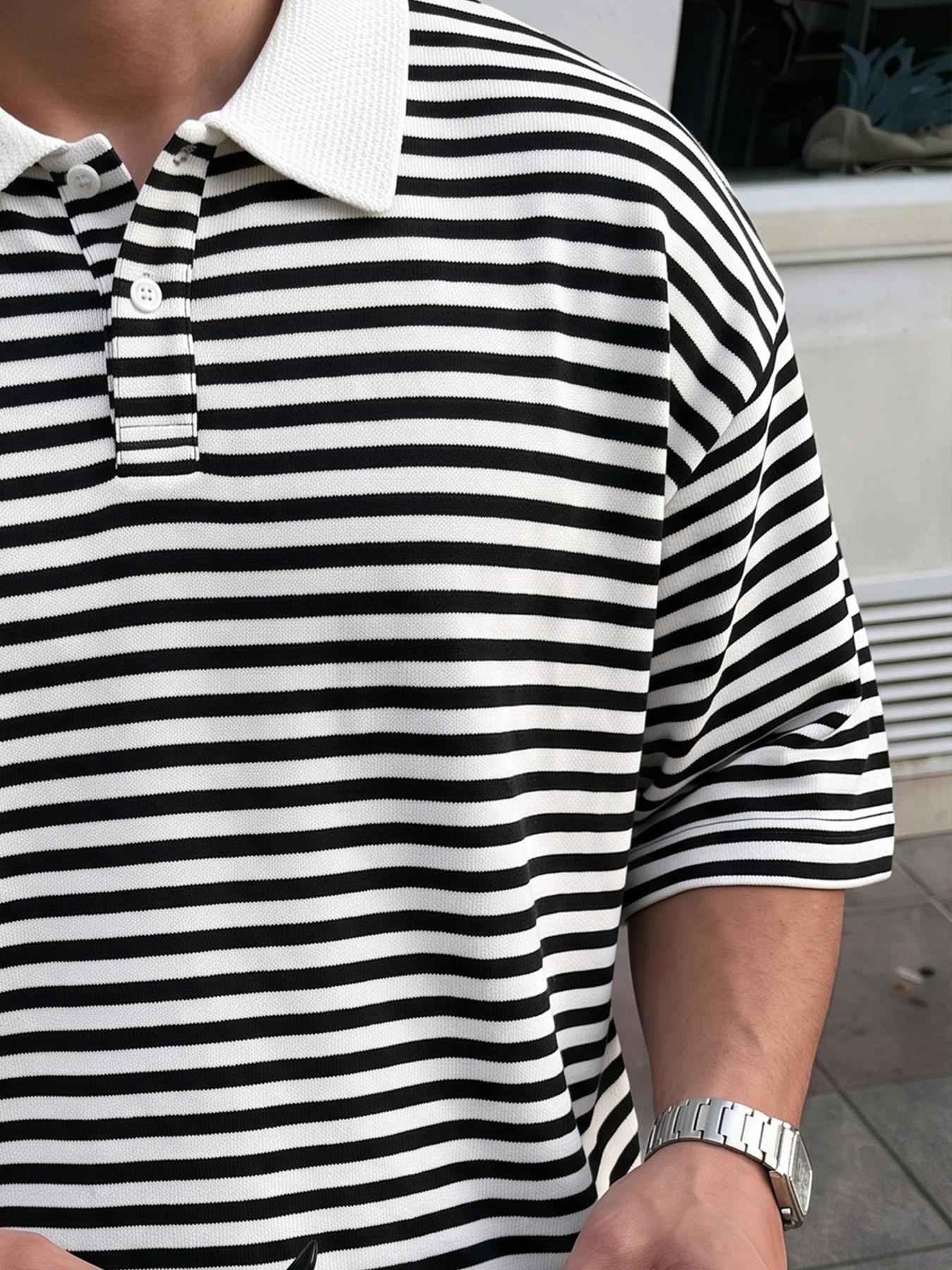 Men's and Striped Short Sleeve Polo Shirt, Contrast Collar Button Down Casual Top, Loose-Fitting Unlined Design