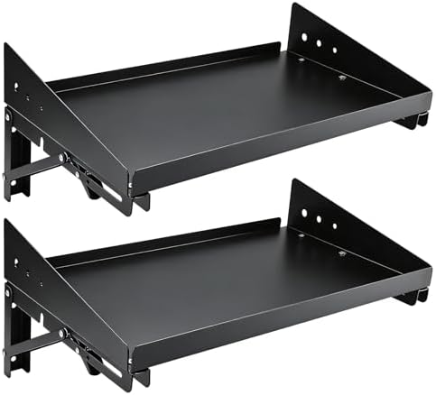Folding Metal Floating Shelf, 17 x 10 Inch Wall Mounted Storage Rack with Lip - Holds 100LBs per Shelf, Space-Saving Foldable Design for Garage, Workshop, Kitchen & Office, Black (2 Pack)