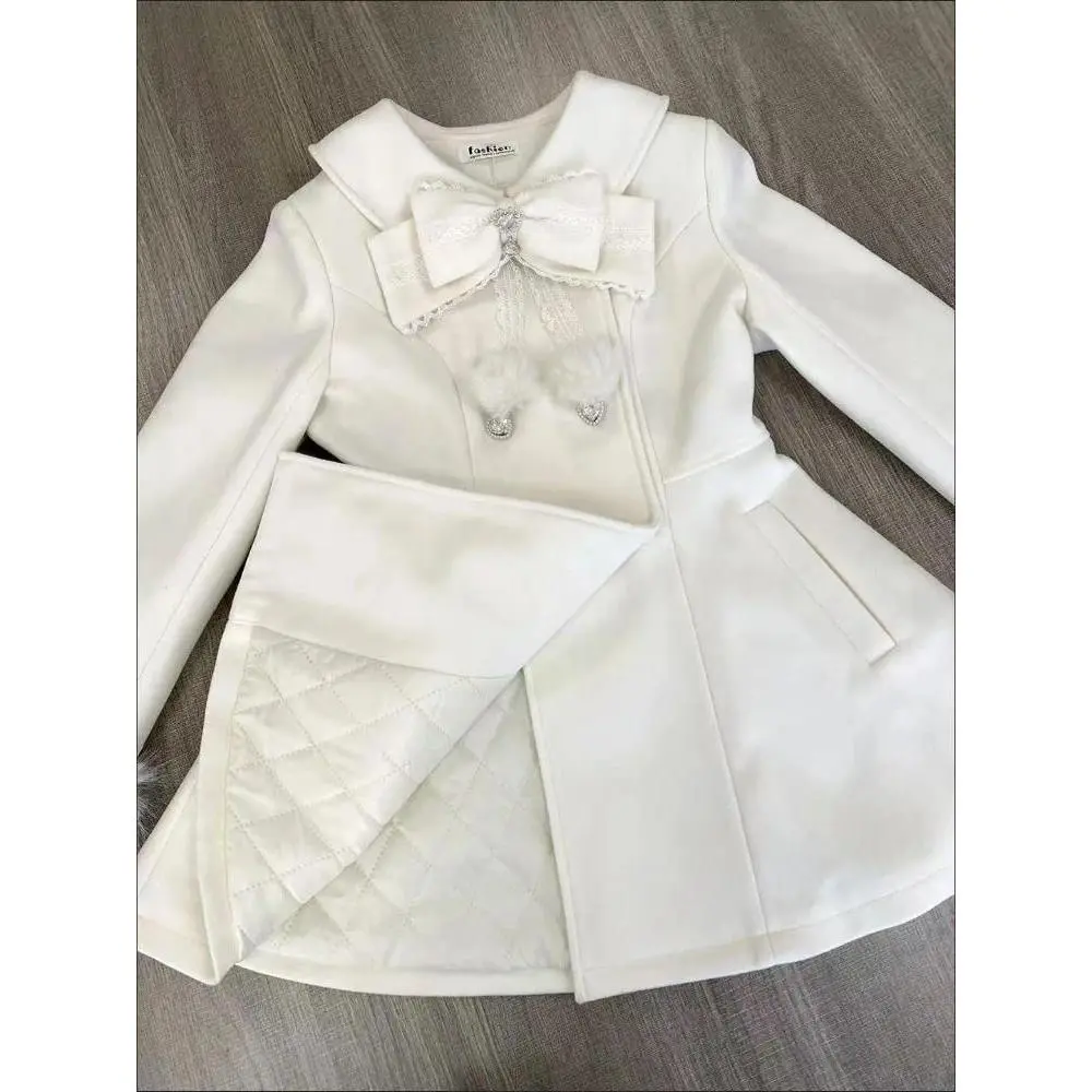 Japanese Autumn Winter Elegant Kawaii Coat Women Faux Fur Collar Long Sleeve Tops Casual Lolita Bow Button Warm Sweet Jacket New