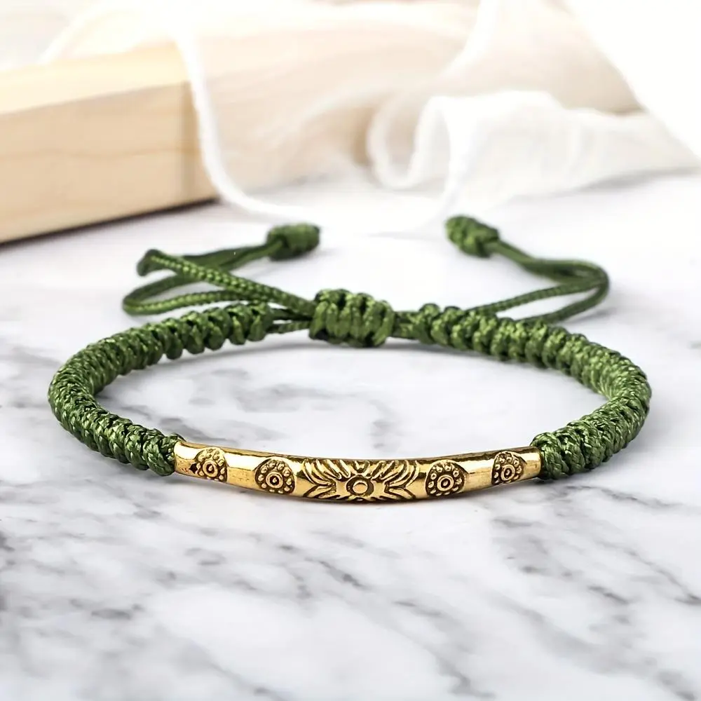 1pc of Ethnic Style Design Woven Thread Bracelet Alloy Patterned Tube Bracelet Hand Rope Tibetan Prayer Jewelry